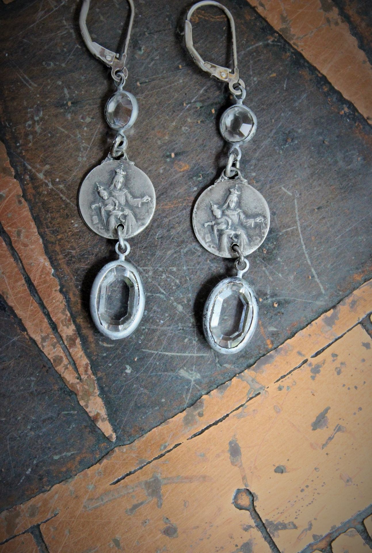 Antique French Sacred Heart of Jesus Earrings with Bezel Set Faceted Crystal and Sterling Earring Wires