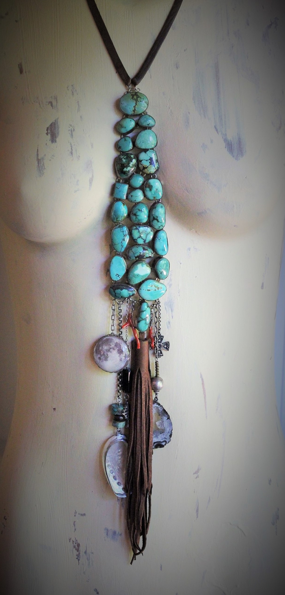 Stone of the Ancients Necklace & Earring Set with Sterling Bezel Set Turquoise Cabochons, Glass Set Moon Drop,Sterling Crosses,Coral,Barrel Cut Tourmaline & More!