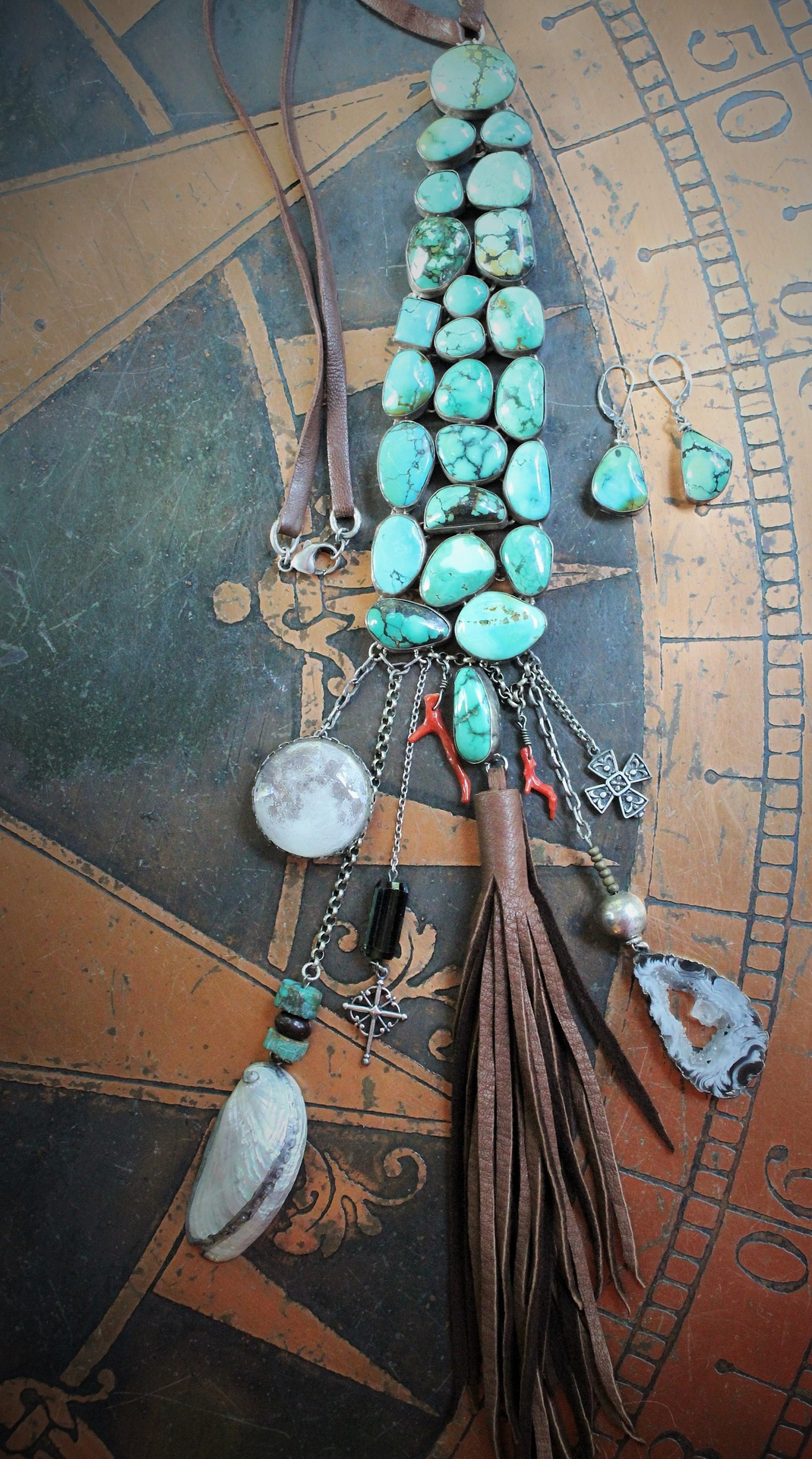 Stone of the Ancients Necklace & Earring Set with Sterling Bezel Set Turquoise Cabochons, Glass Set Moon Drop,Sterling Crosses,Coral,Barrel Cut Tourmaline & More!