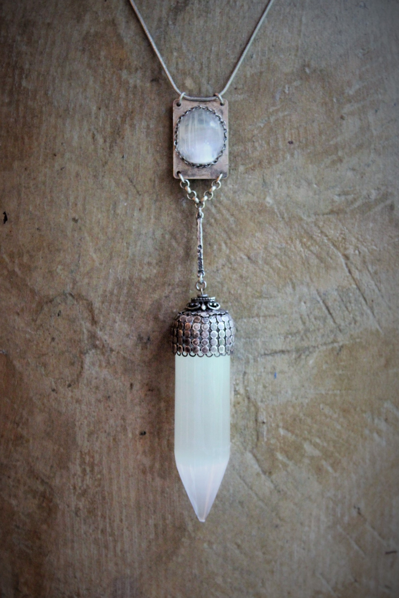 The Light of the Stars Necklace with Unique Selenite Point, Sterling Selenite Cabochon Finding, Sterling Chain