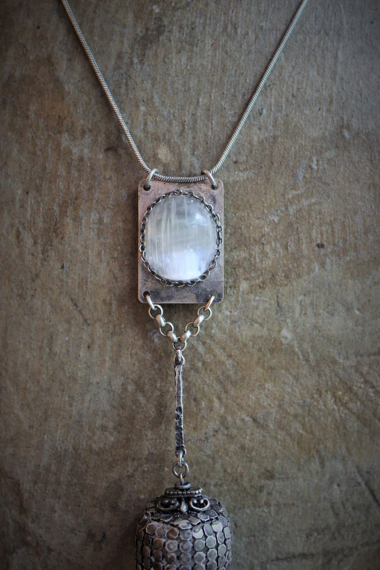The Light of the Stars Necklace with Unique Selenite Point, Sterling Selenite Cabochon Finding, Sterling Chain