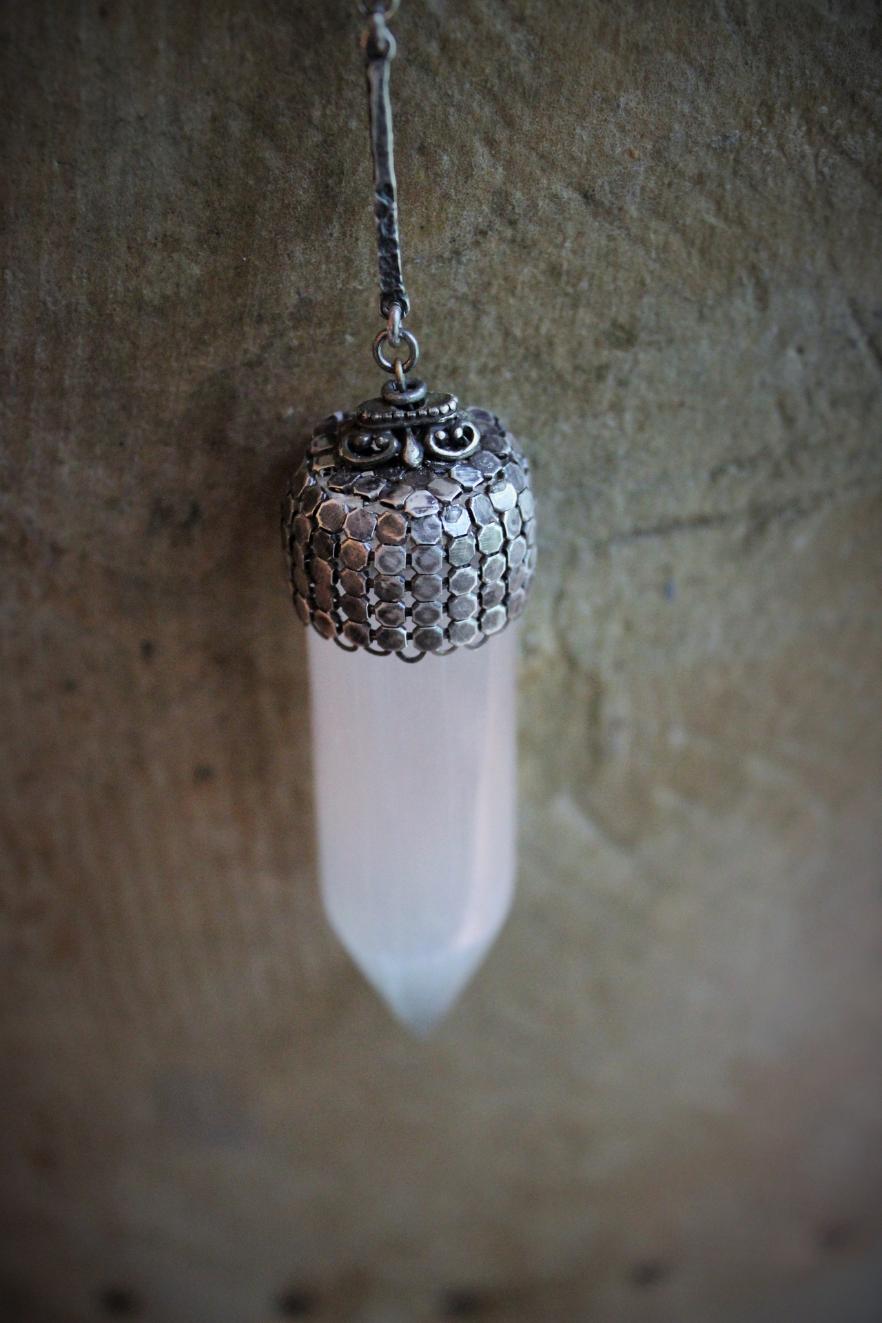 The Light of the Stars Necklace with Unique Selenite Point, Sterling Selenite Cabochon Finding, Sterling Chain
