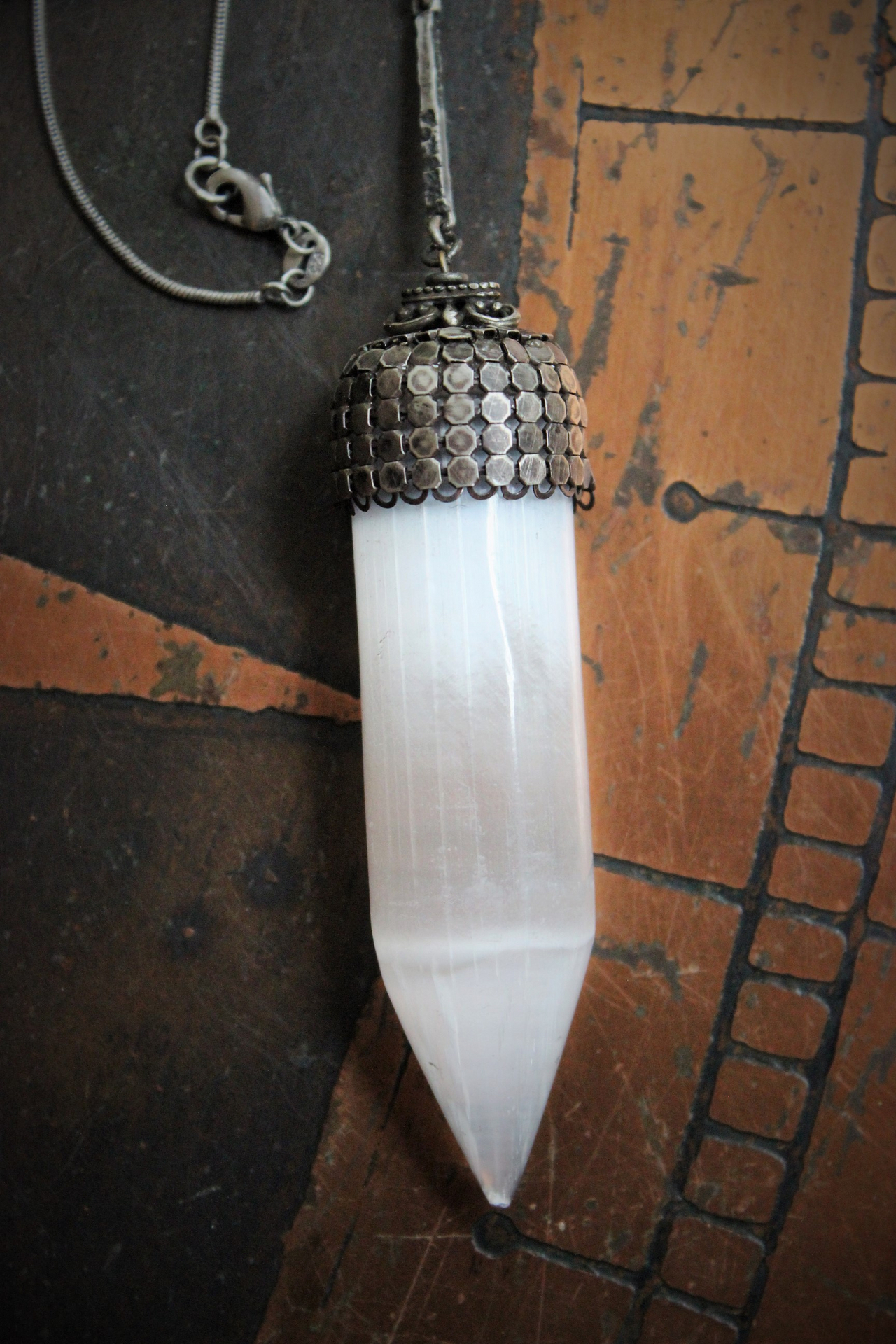 The Light of the Stars Necklace with Unique Selenite Point, Sterling Selenite Cabochon Finding, Sterling Chain