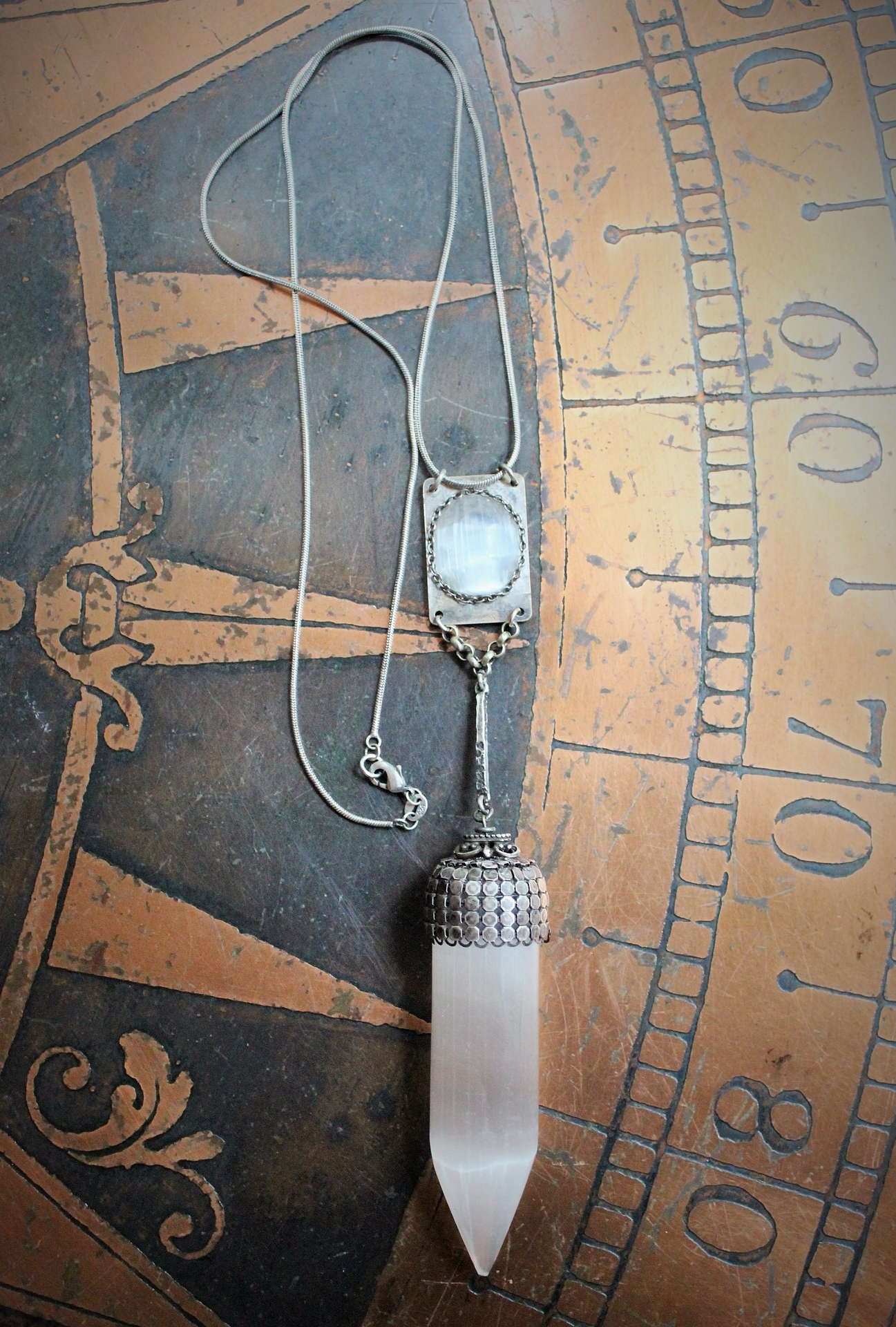 The Light of the Stars Necklace with Unique Selenite Point, Sterling Selenite Cabochon Finding, Sterling Chain