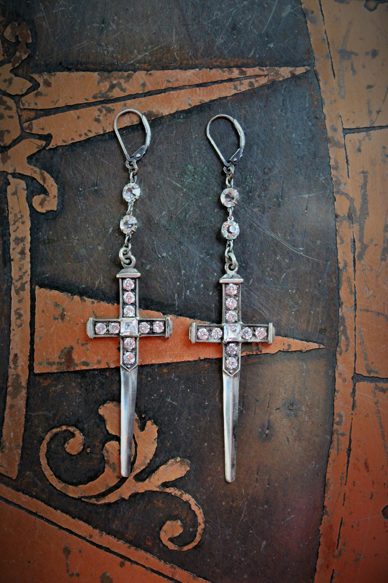 Where Light Enters You Earrings with Rare Sterling Sword Medals,Antique Faceted Rock Crystal Connectors & Sterling Earring Wires