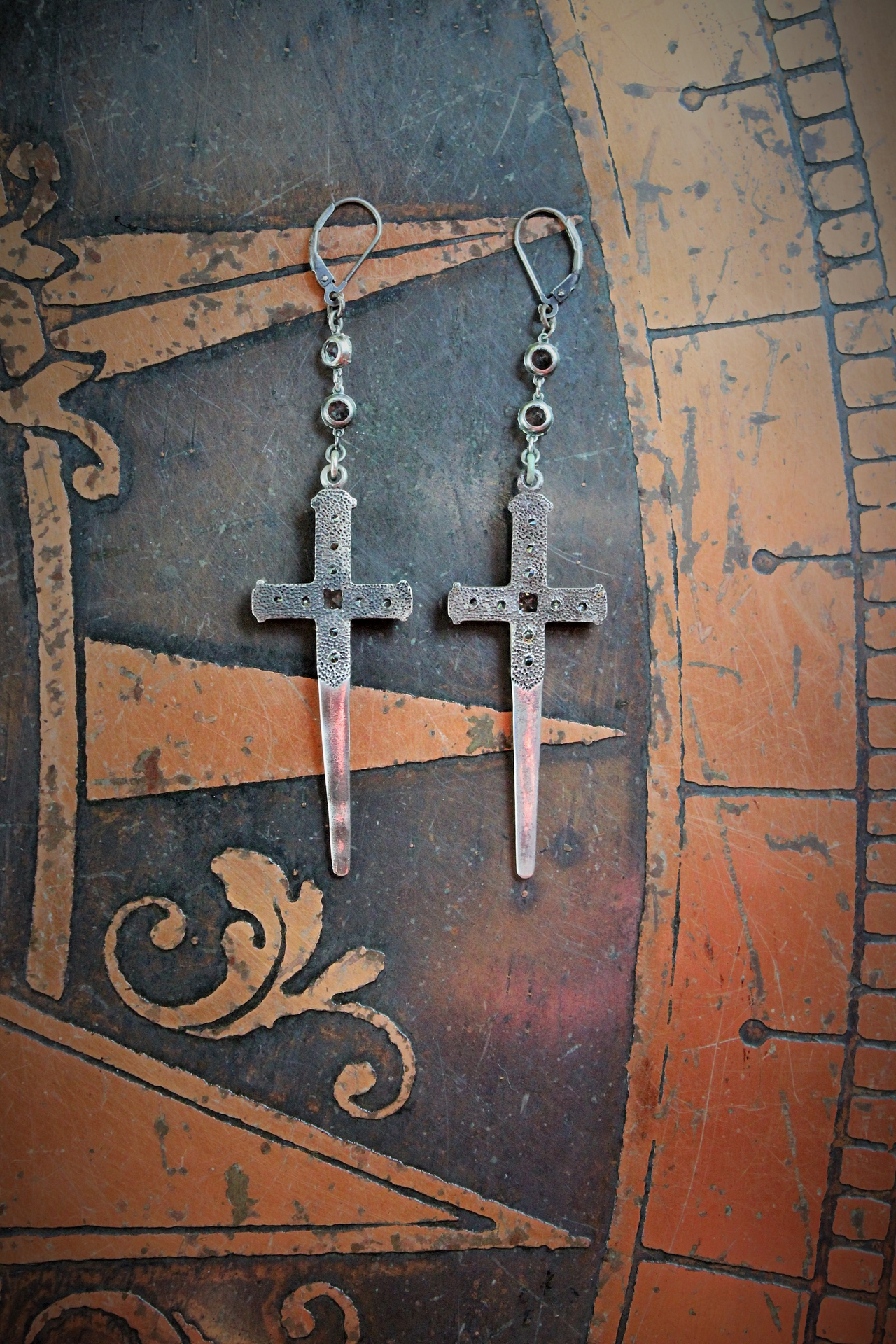 Where Light Enters You Earrings with Rare Sterling Sword Medals,Antique Faceted Rock Crystal Connectors & Sterling Earring Wires