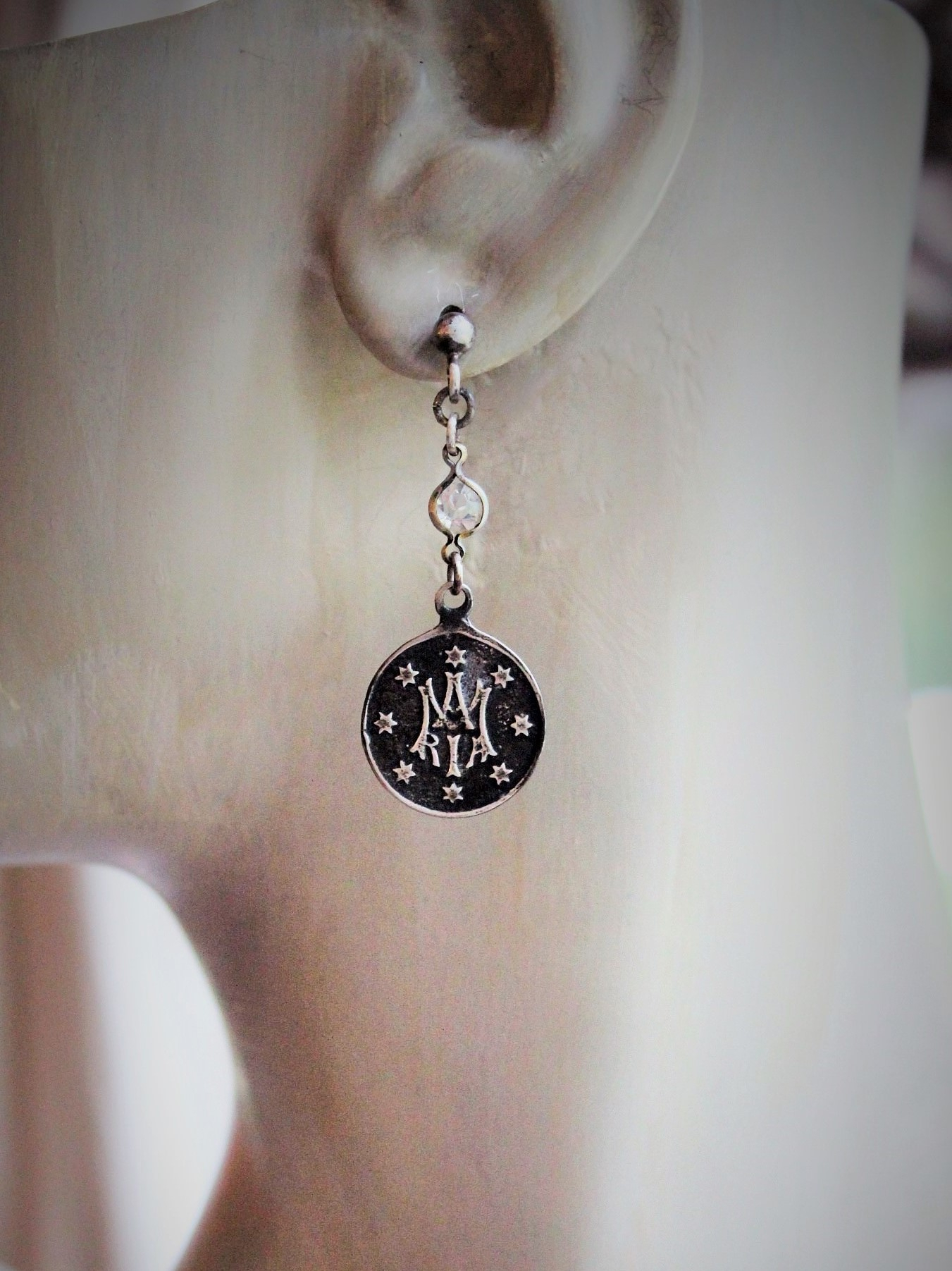 Sterling Ave Maria Earrings w/Matching Initials AM Maria Medals,Antique Bezel Set Crystal Connectors,Vintage Sterling Ball Posts