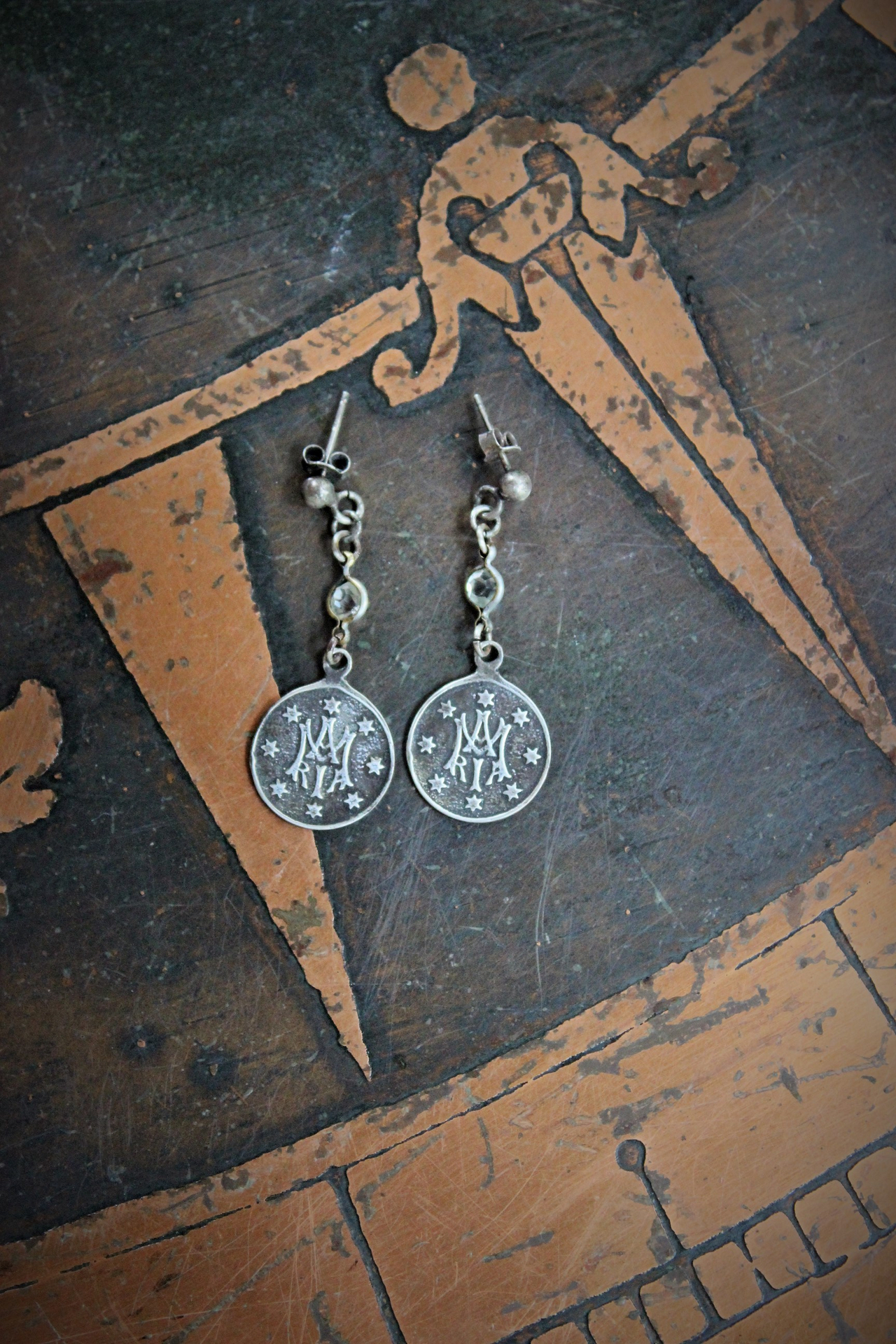 Sterling Ave Maria Earrings w/Matching Initials AM Maria Medals,Antique Bezel Set Crystal Connectors,Vintage Sterling Ball Posts