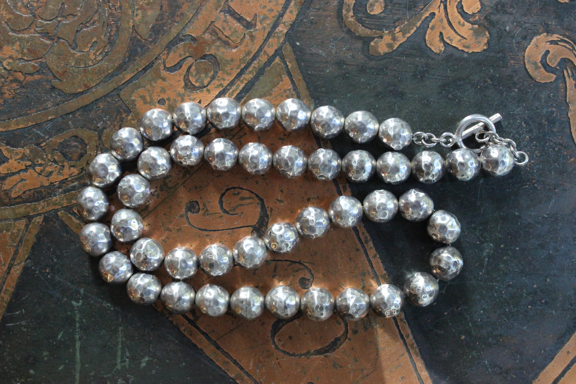 Vintage Solid Sterling Hand Wrought Sterling Bead Necklace with Sterling Toggle Clasp