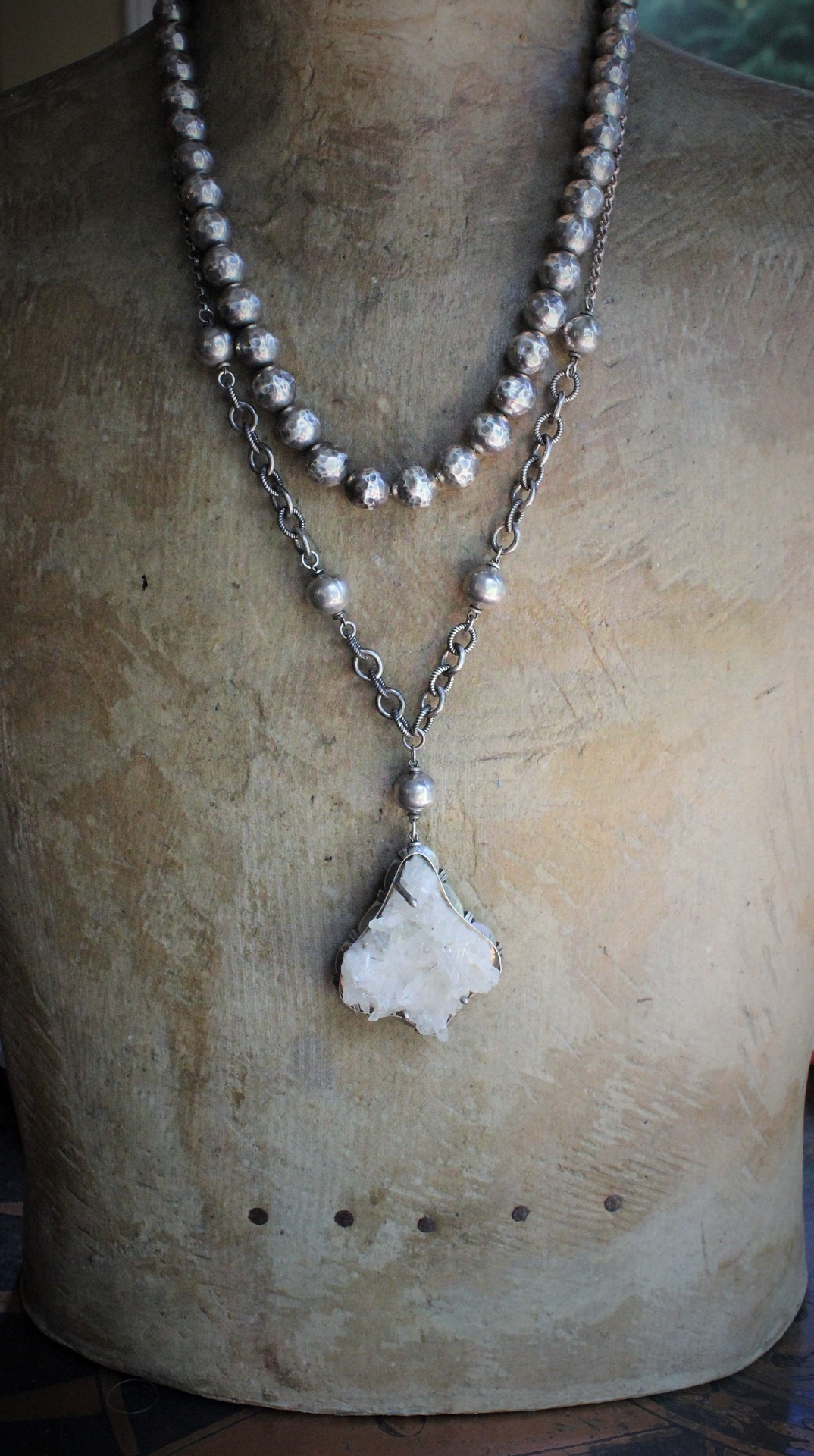 Vintage Taos Artisan Sterling Quartz Cluster Pendant Necklace with Sterling Beads, Chain & Clasp