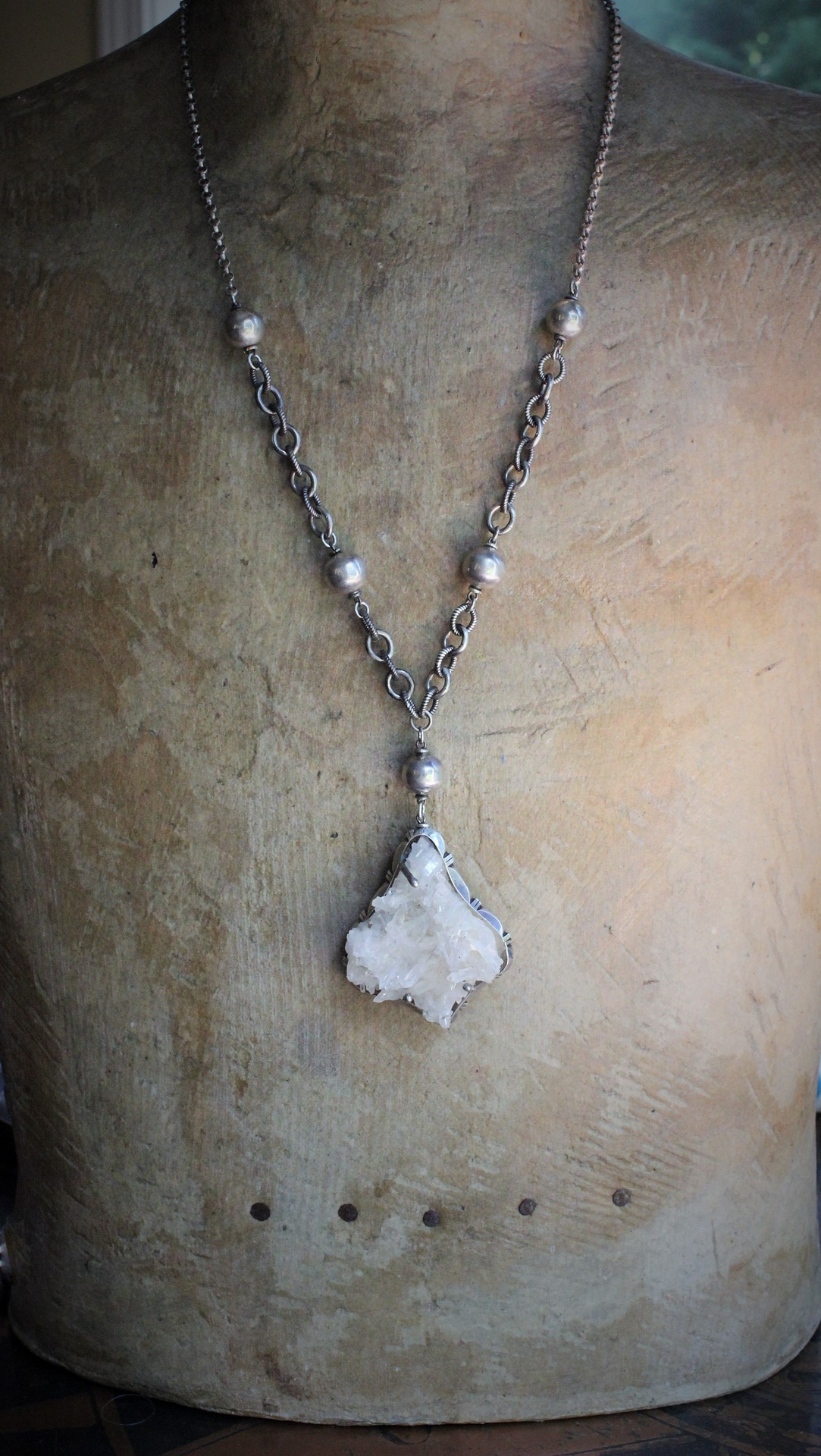 Vintage Taos Artisan Sterling Quartz Cluster Pendant Necklace with Sterling Beads, Chain & Clasp