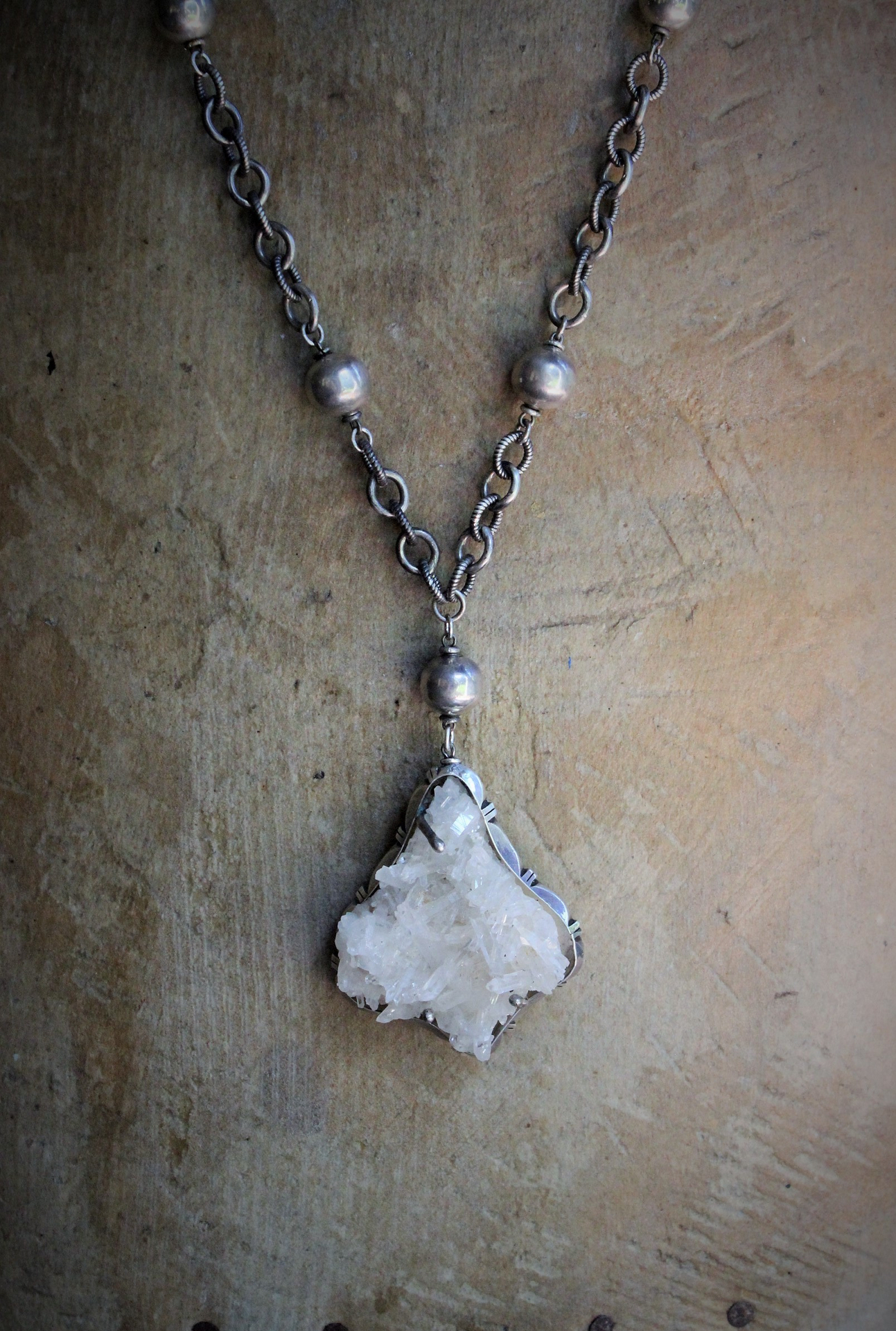 Vintage Taos Artisan Sterling Quartz Cluster Pendant Necklace with Sterling Beads, Chain & Clasp