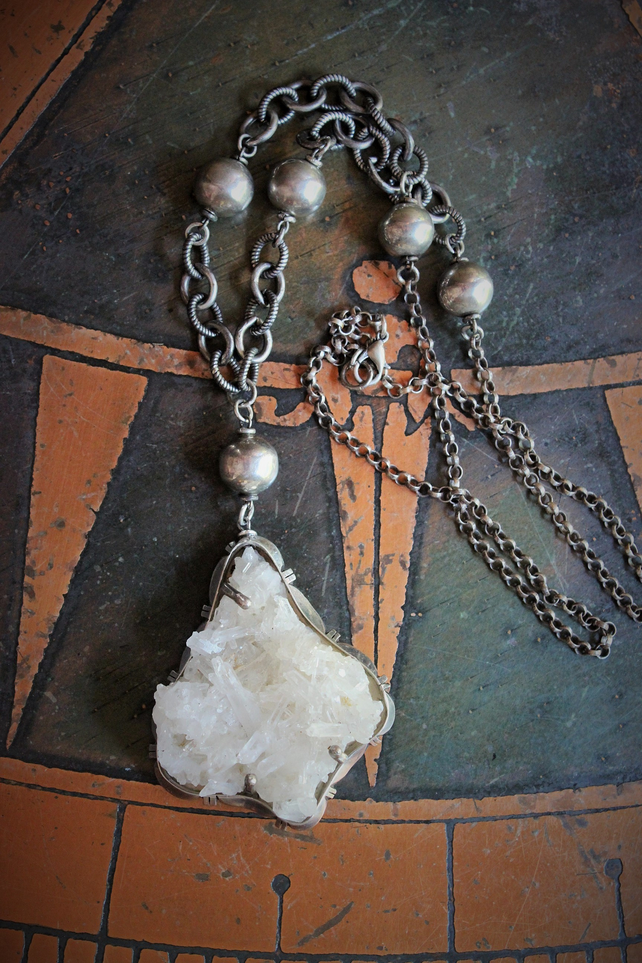 Vintage Taos Artisan Sterling Quartz Cluster Pendant Necklace with Sterling Beads, Chain & Clasp