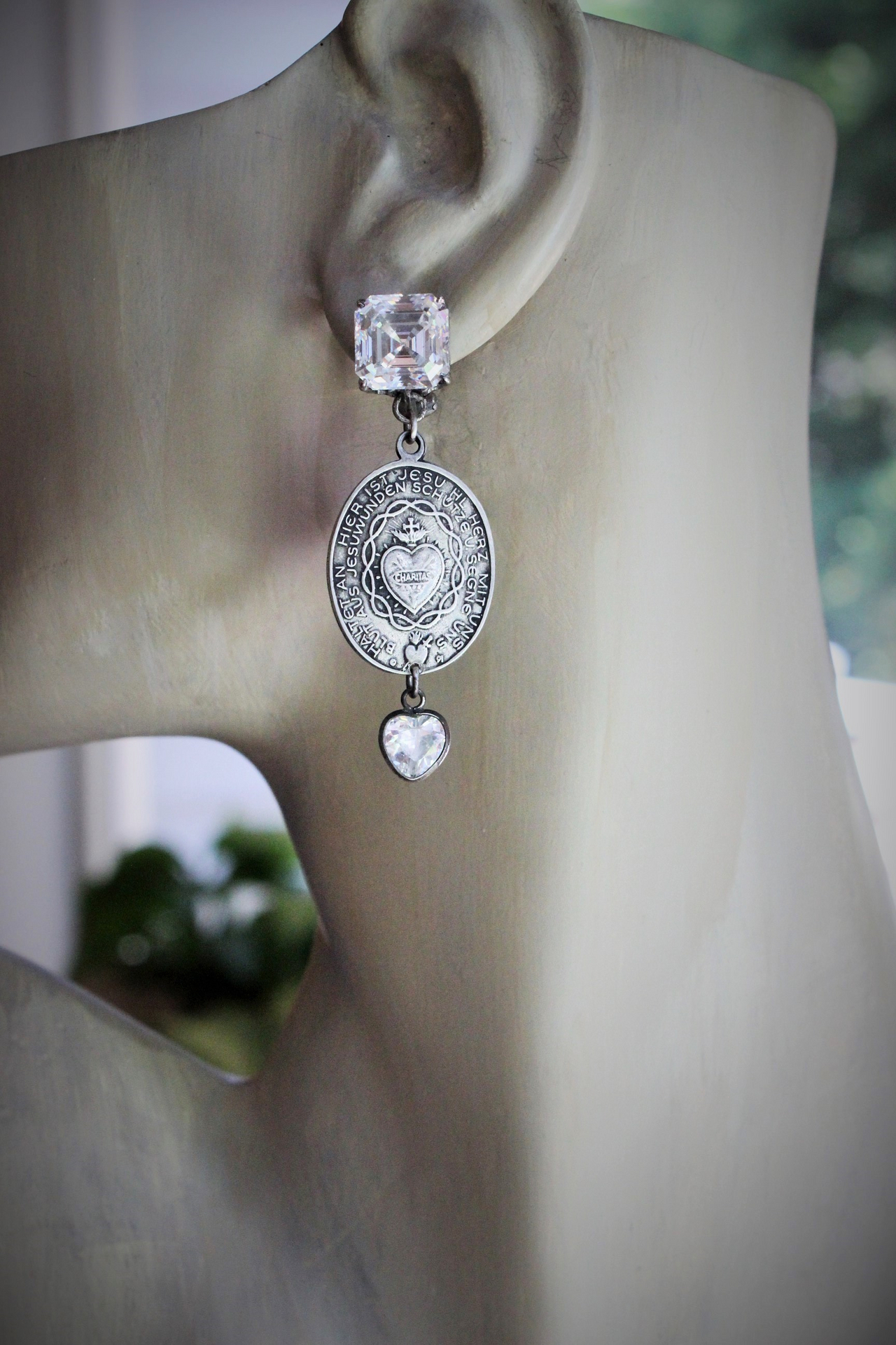 Bless Us Earrings with Intricate Matching Sacred Heart German Medals,Vintage Sterling Asscher Cut Earrings,Vintage Sterling Faceted Crystal Hearts