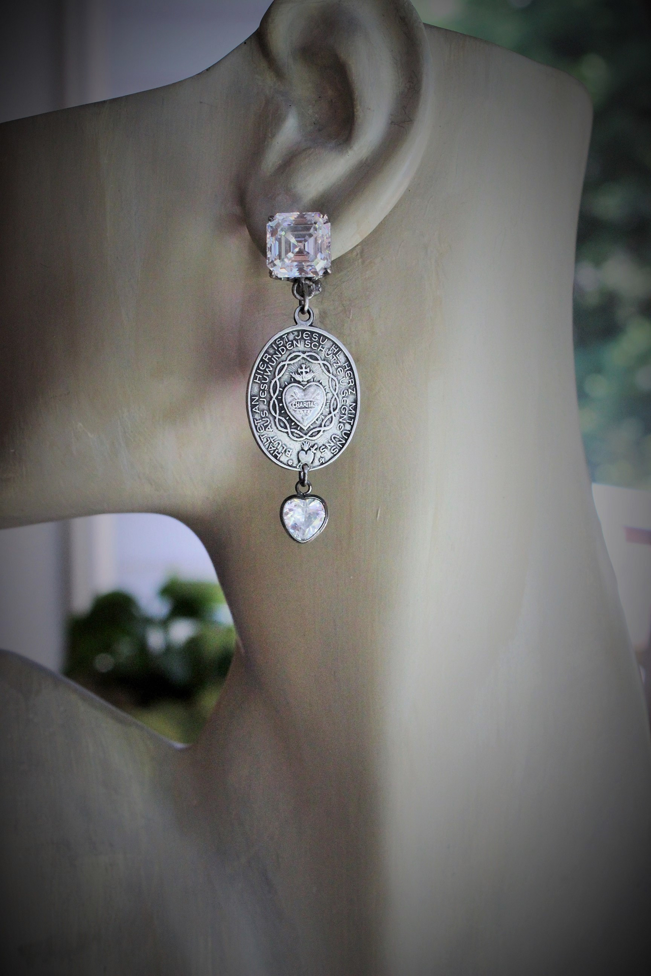 Bless Us Earrings with Intricate Matching Sacred Heart German Medals,Vintage Sterling Asscher Cut Earrings,Vintage Sterling Faceted Crystal Hearts