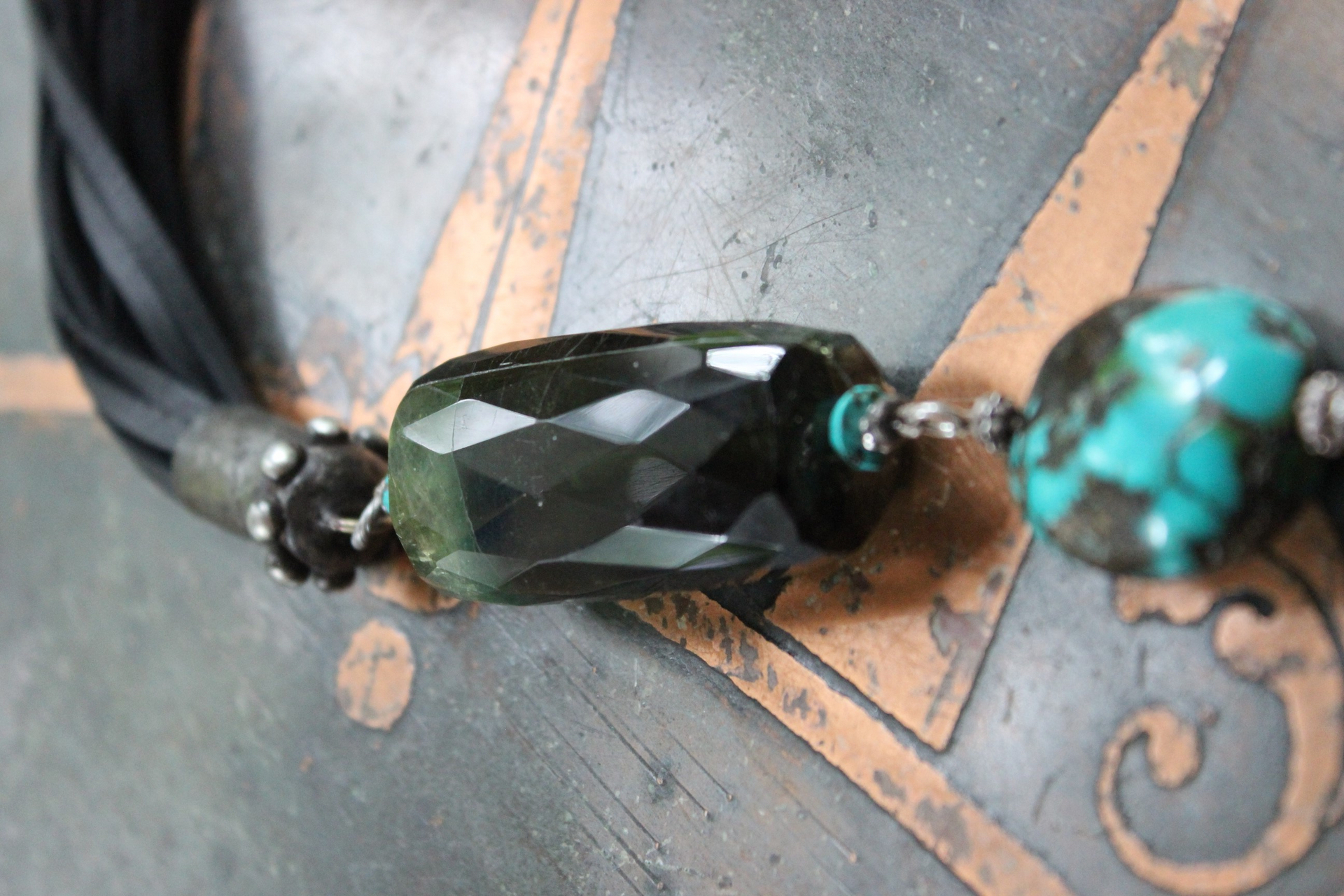 Joy & Happiness Necklace with Incredible Checkerboard Faceted Blue Green Tourmaline Gemstones,Polished Turquoise,Leather Tassel & Chain