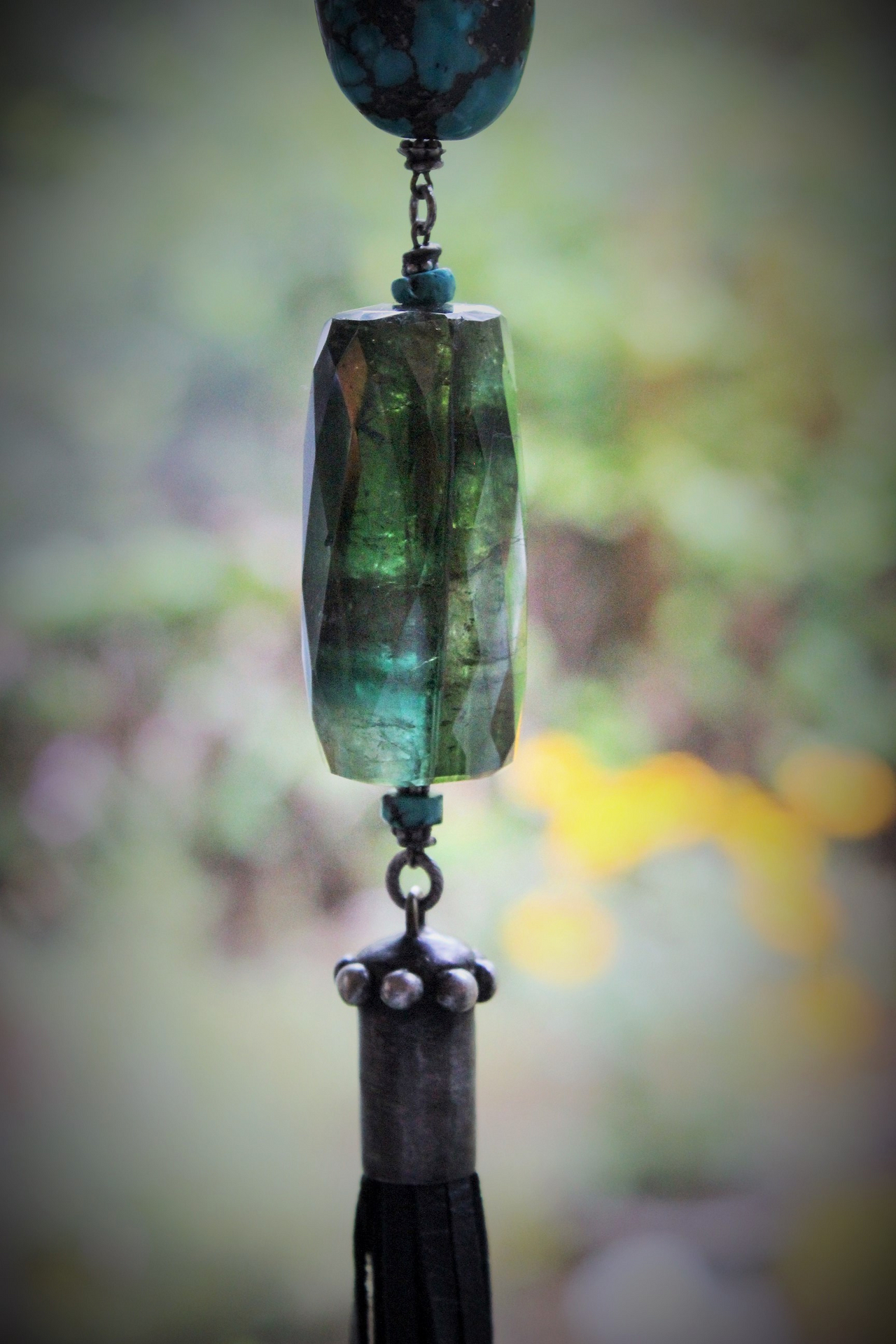 Joy & Happiness Necklace with Incredible Checkerboard Faceted Blue Green Tourmaline Gemstones,Polished Turquoise,Leather Tassel & Chain