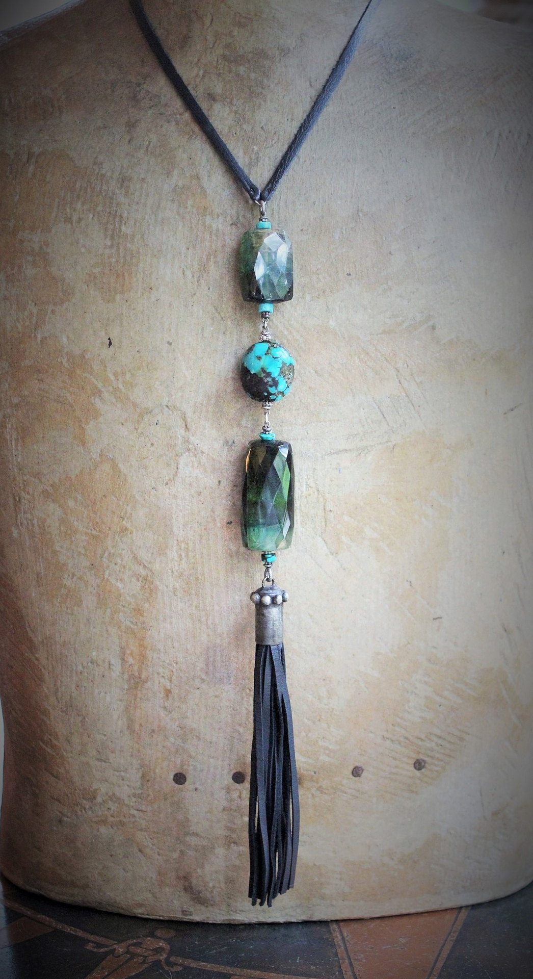 Joy & Happiness Necklace with Incredible Checkerboard Faceted Blue Green Tourmaline Gemstones,Polished Turquoise,Leather Tassel & Chain