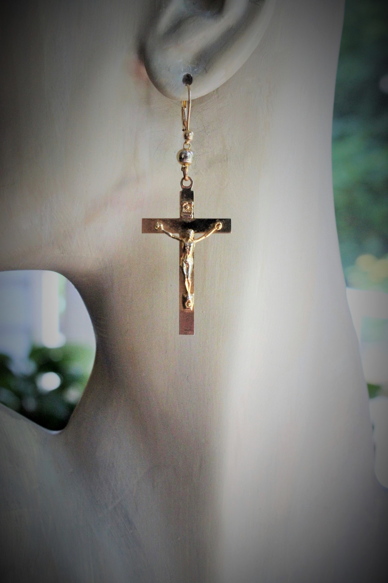 Antique Gold Fill Crucifix Earrings with Antique Gold Rosary Bead & Gold Fill Leverback Earring Wires