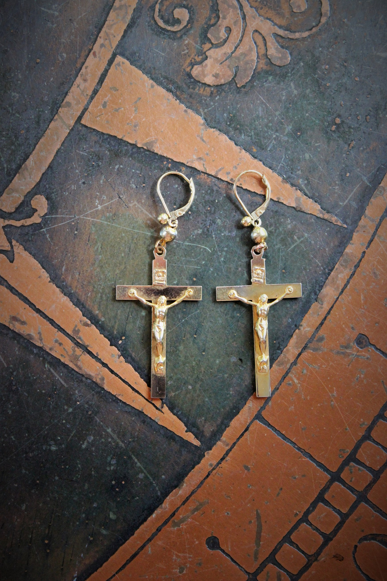 Antique Gold Fill Crucifix Earrings with Antique Gold Rosary Bead & Gold Fill Leverback Earring Wires