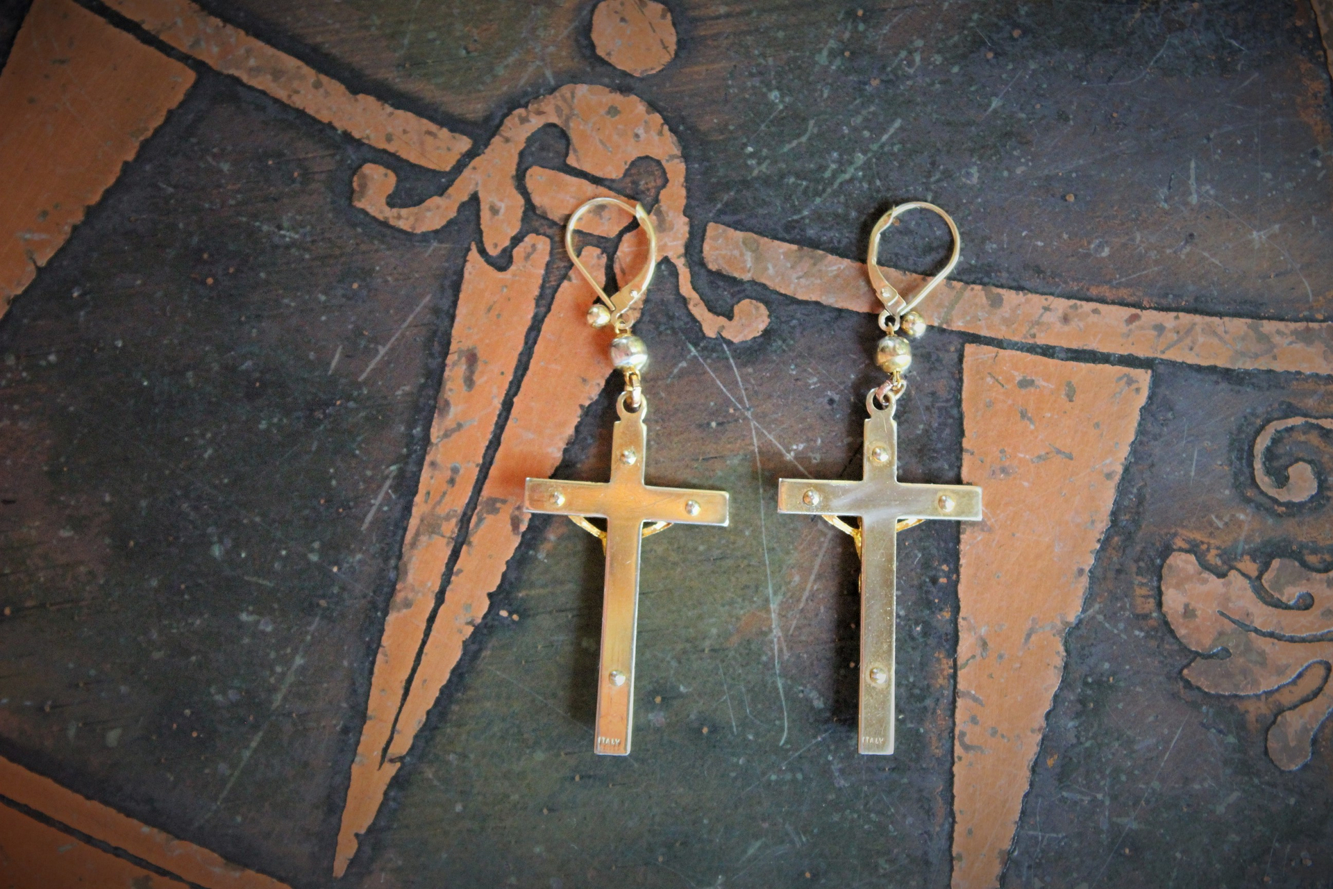 Antique Gold Fill Crucifix Earrings with Antique Gold Rosary Bead & Gold Fill Leverback Earring Wires