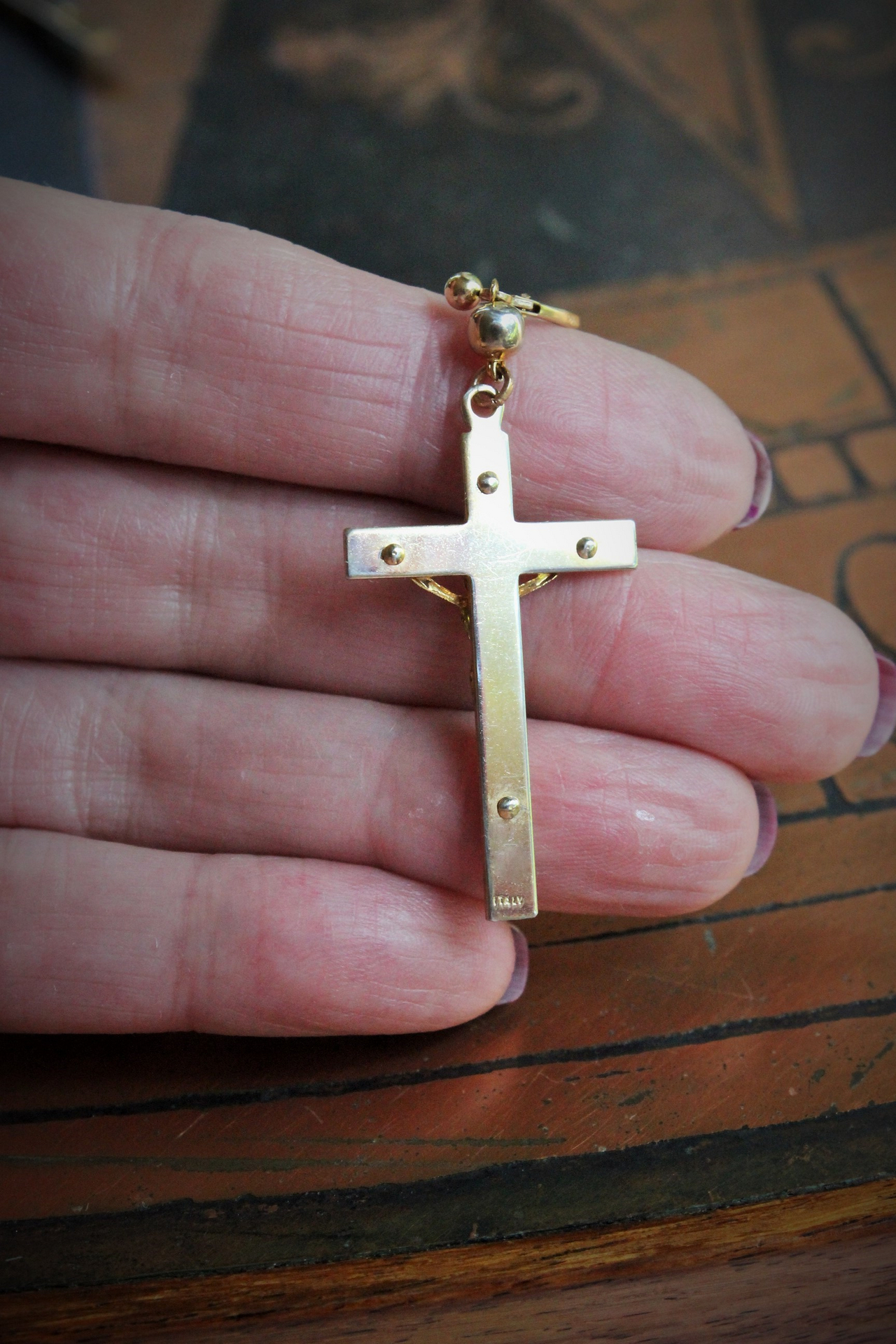 Antique Gold Fill Crucifix Earrings with Antique Gold Rosary Bead & Gold Fill Leverback Earring Wires