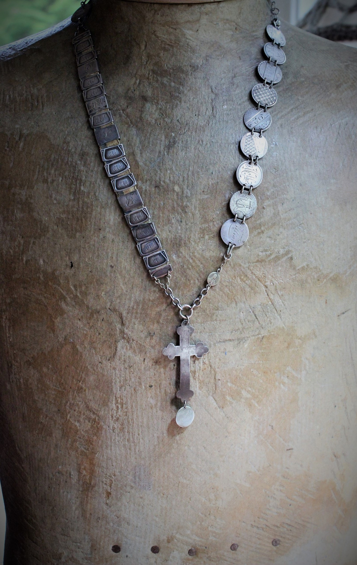 Scribe of the Soul Necklace with Amazing OOAK Antique Love & Friendship Tokens, Antique French Blank Nun's Cross,Tiny Antique Sacred Heart of Mary Connector