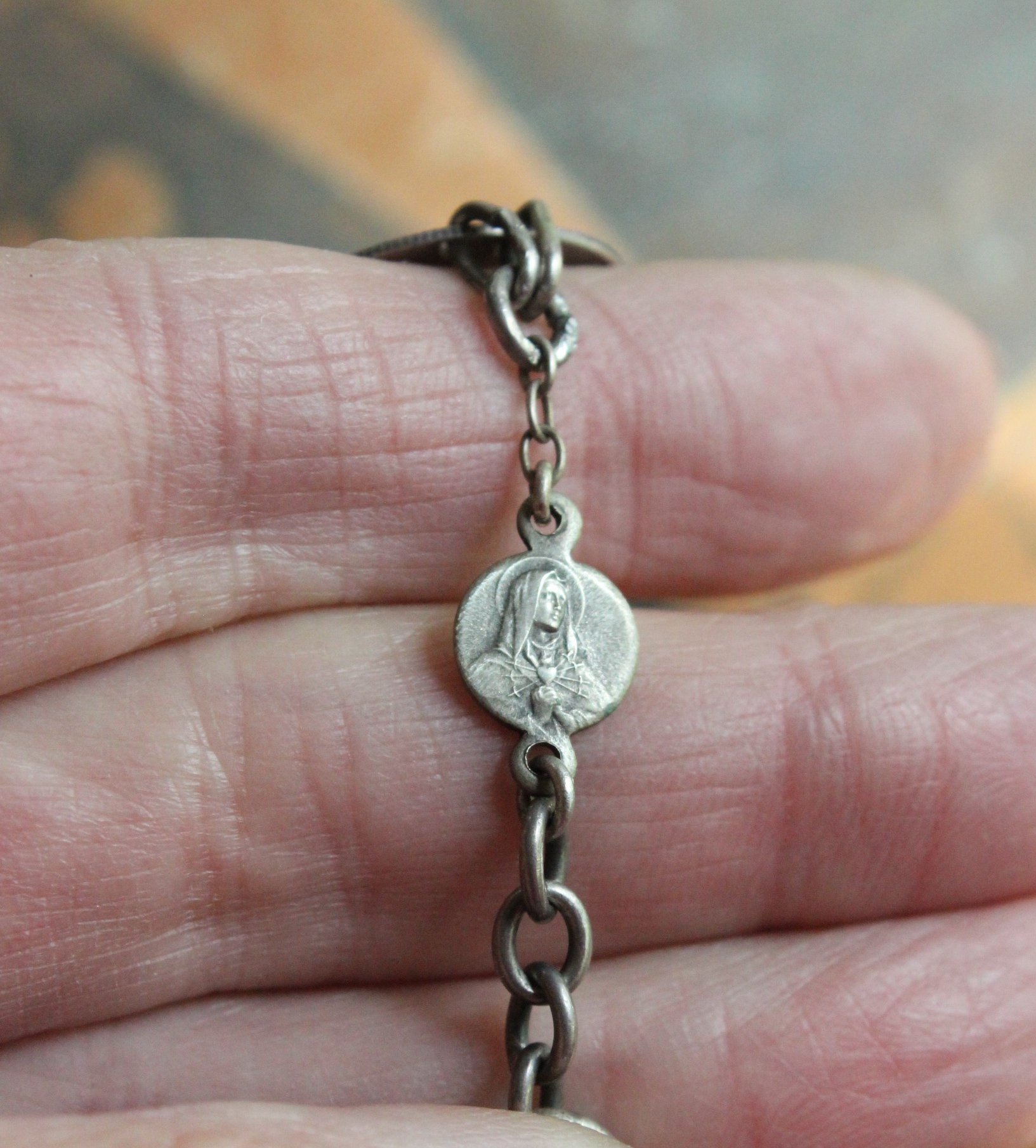 Scribe of the Soul Necklace with Amazing OOAK Antique Love & Friendship Tokens, Antique French Blank Nun's Cross,Tiny Antique Sacred Heart of Mary Connector