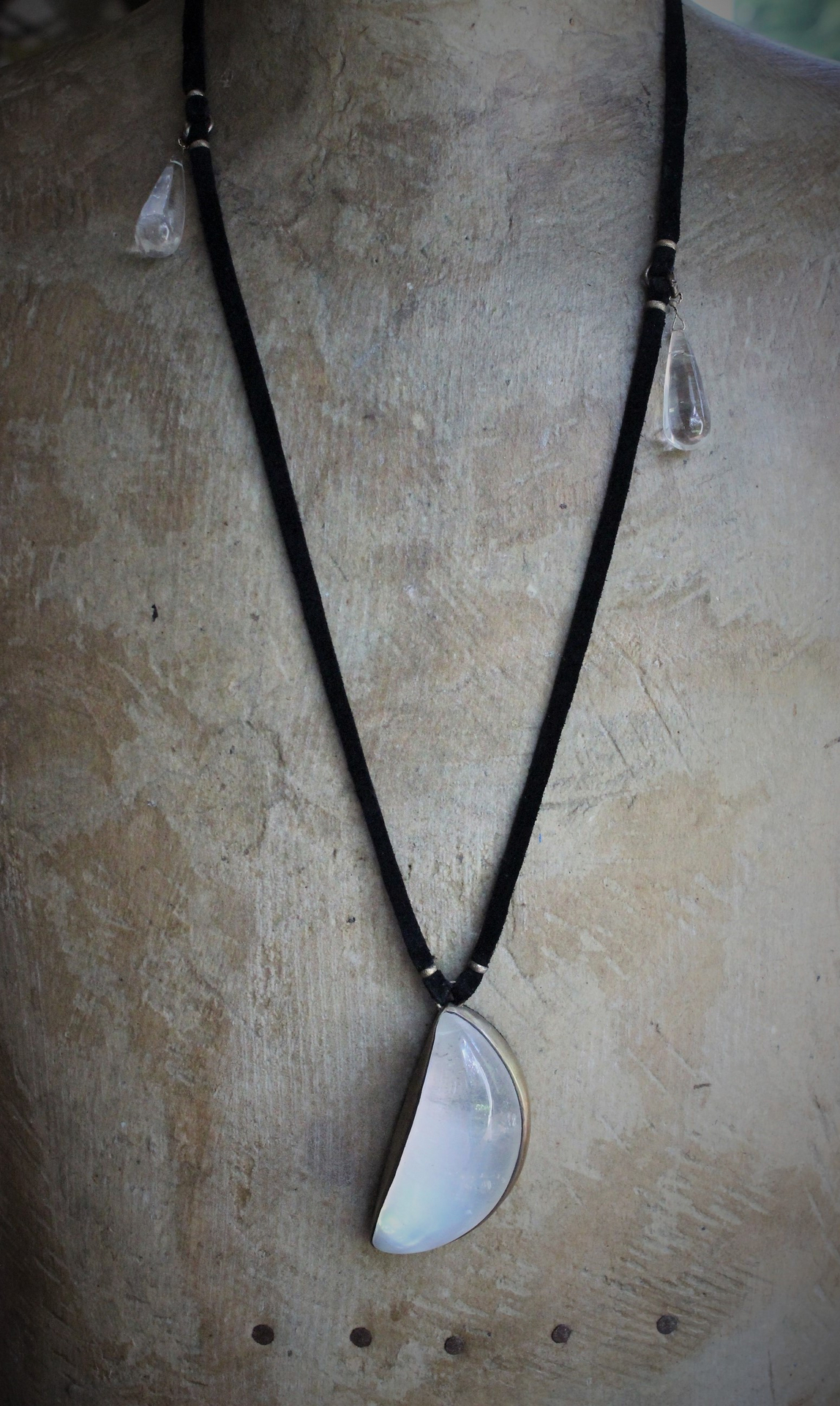 Bronze Dweck Polished Rock Quartz Crescent Moon  Necklace with Antique Polished Rock Quartz Drops & Black Suede Leather Ties