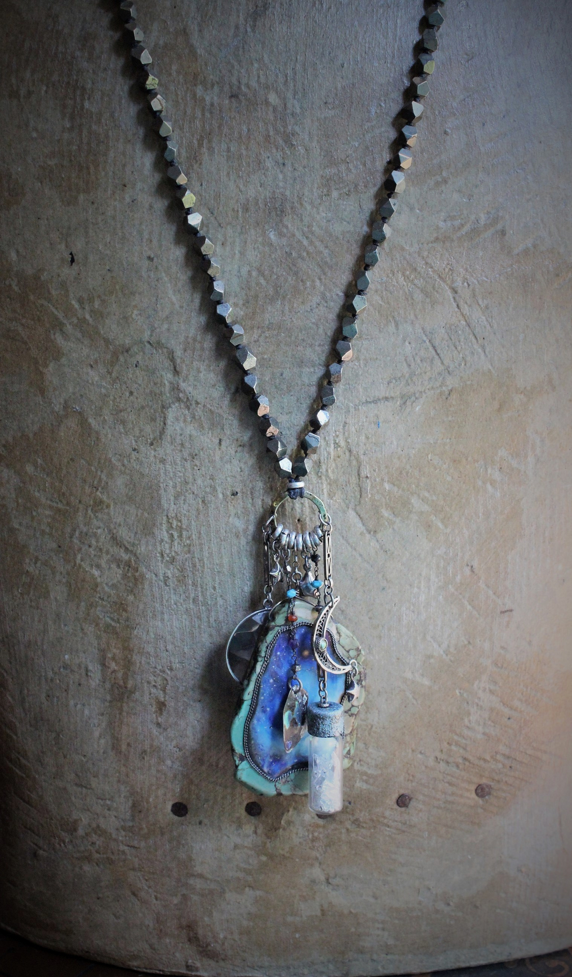 Space. Light. Moon. Stars. Necklace with Sterling Stars, Sterling Crescent Moon, Faceted Crystal Bottle, Cosmic Turquoise Slab Pendant