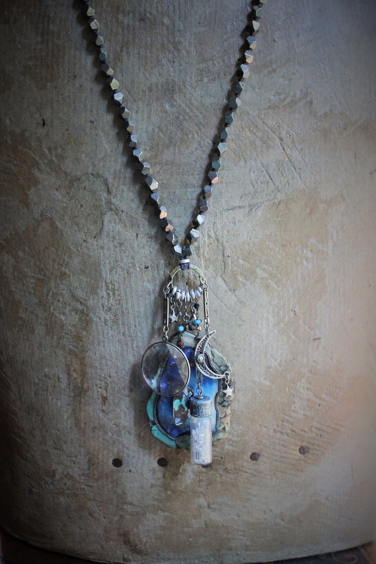 Space. Light. Moon. Stars. Necklace with Sterling Stars, Sterling Crescent Moon, Faceted Crystal Bottle, Cosmic Turquoise Slab Pendant