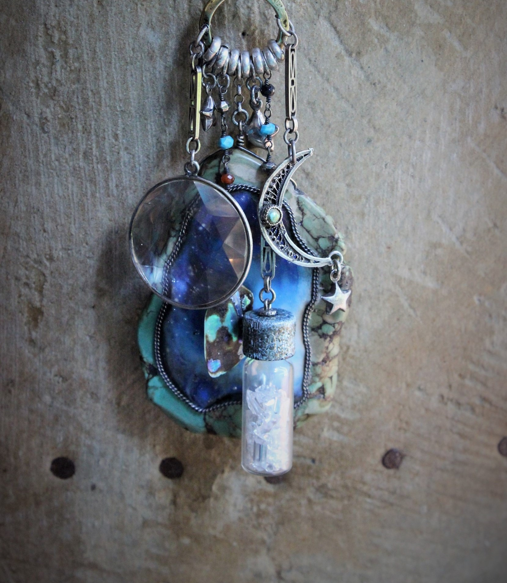 Space. Light. Moon. Stars. Necklace with Sterling Stars, Sterling Crescent Moon, Faceted Crystal Bottle, Cosmic Turquoise Slab Pendant