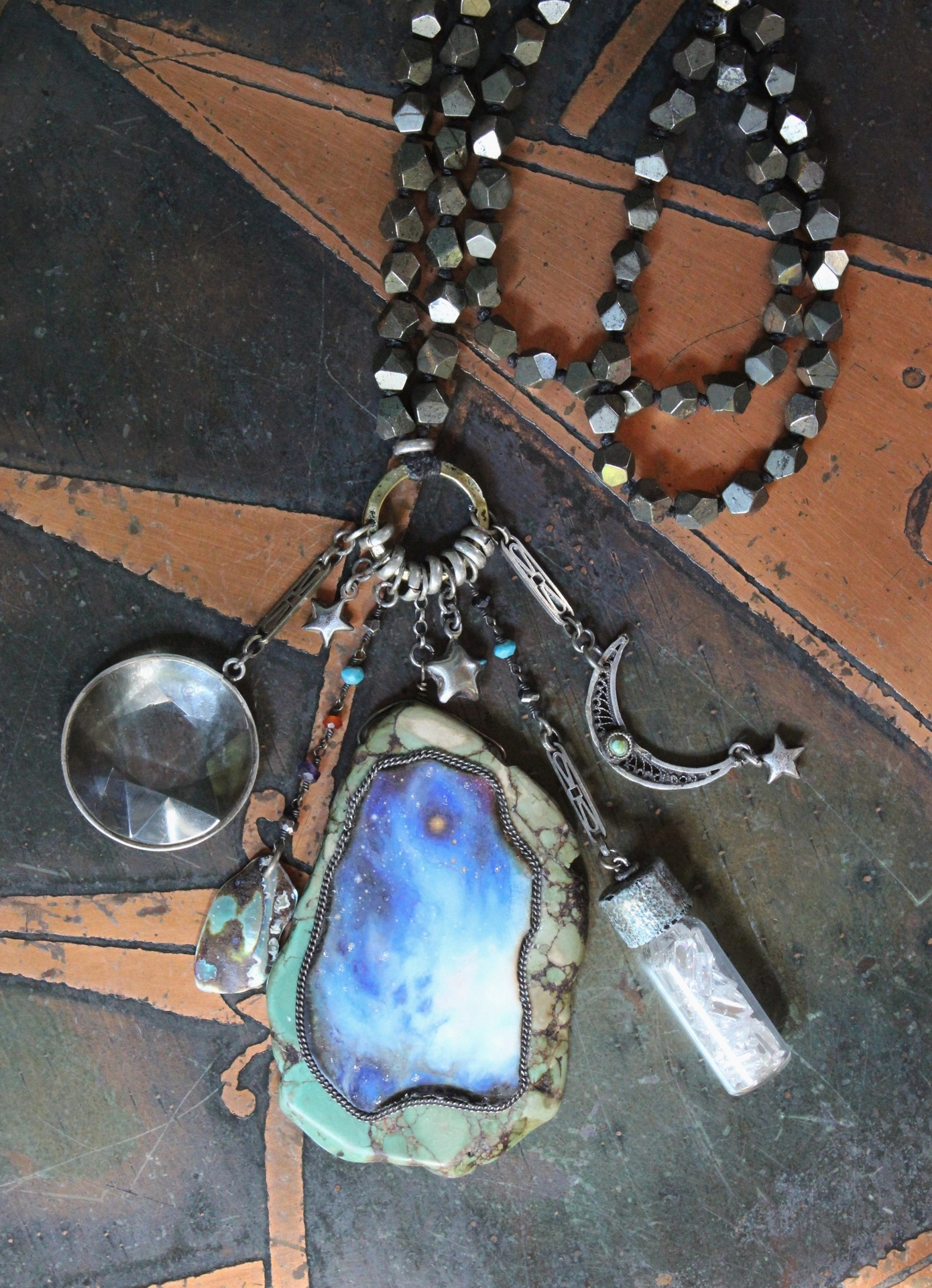 Space. Light. Moon. Stars. Necklace with Sterling Stars, Sterling Crescent Moon, Faceted Crystal Bottle, Cosmic Turquoise Slab Pendant