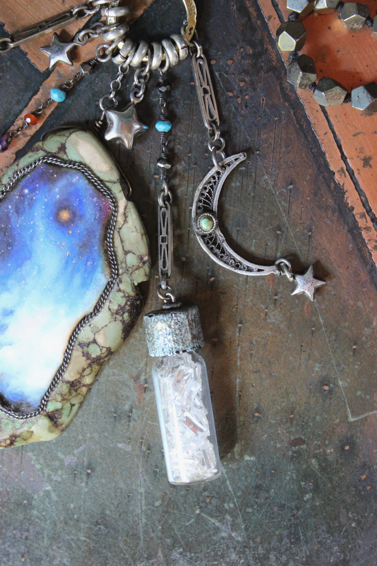 Space. Light. Moon. Stars. Necklace with Sterling Stars, Sterling Crescent Moon, Faceted Crystal Bottle, Cosmic Turquoise Slab Pendant