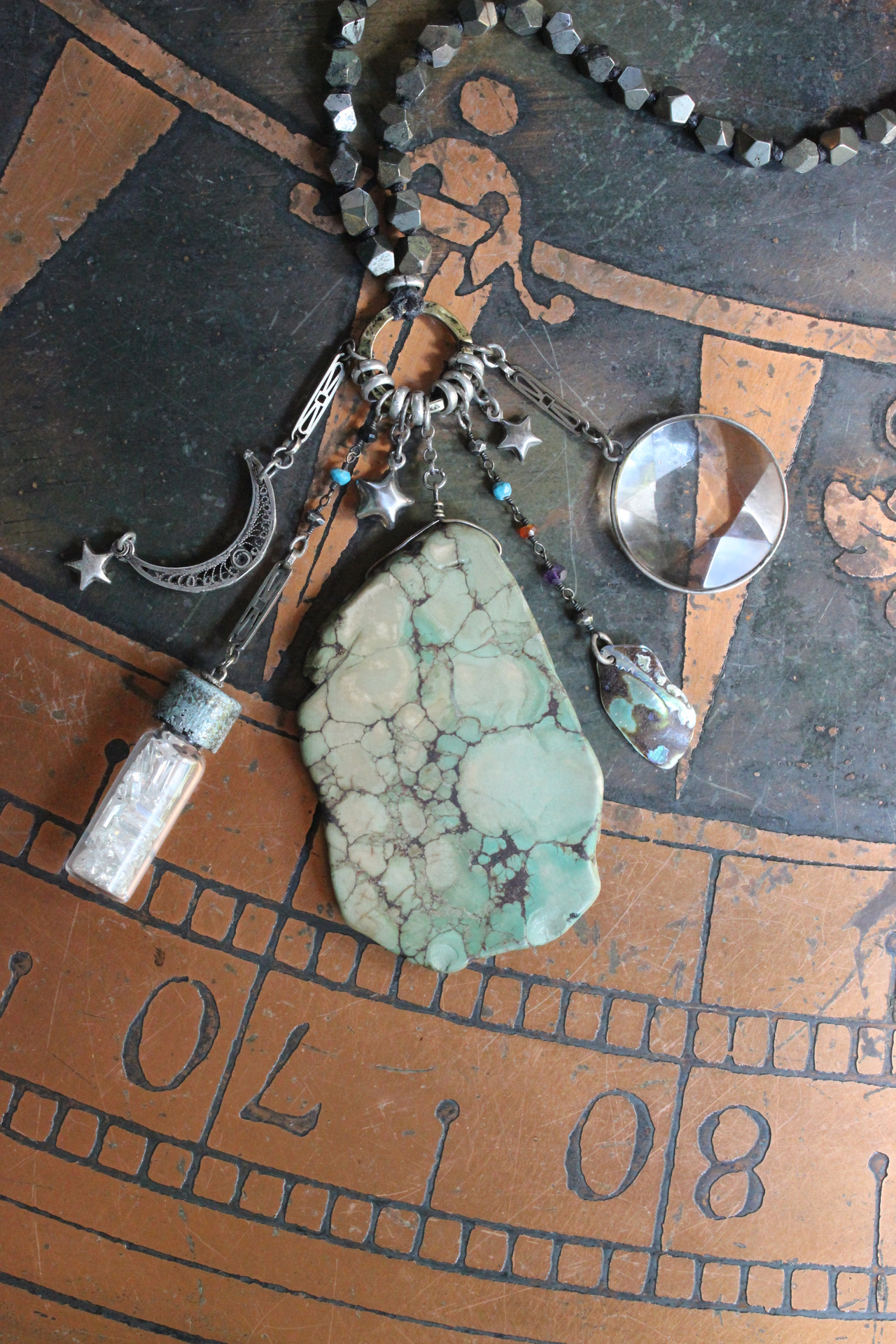 Space. Light. Moon. Stars. Necklace with Sterling Stars, Sterling Crescent Moon, Faceted Crystal Bottle, Cosmic Turquoise Slab Pendant