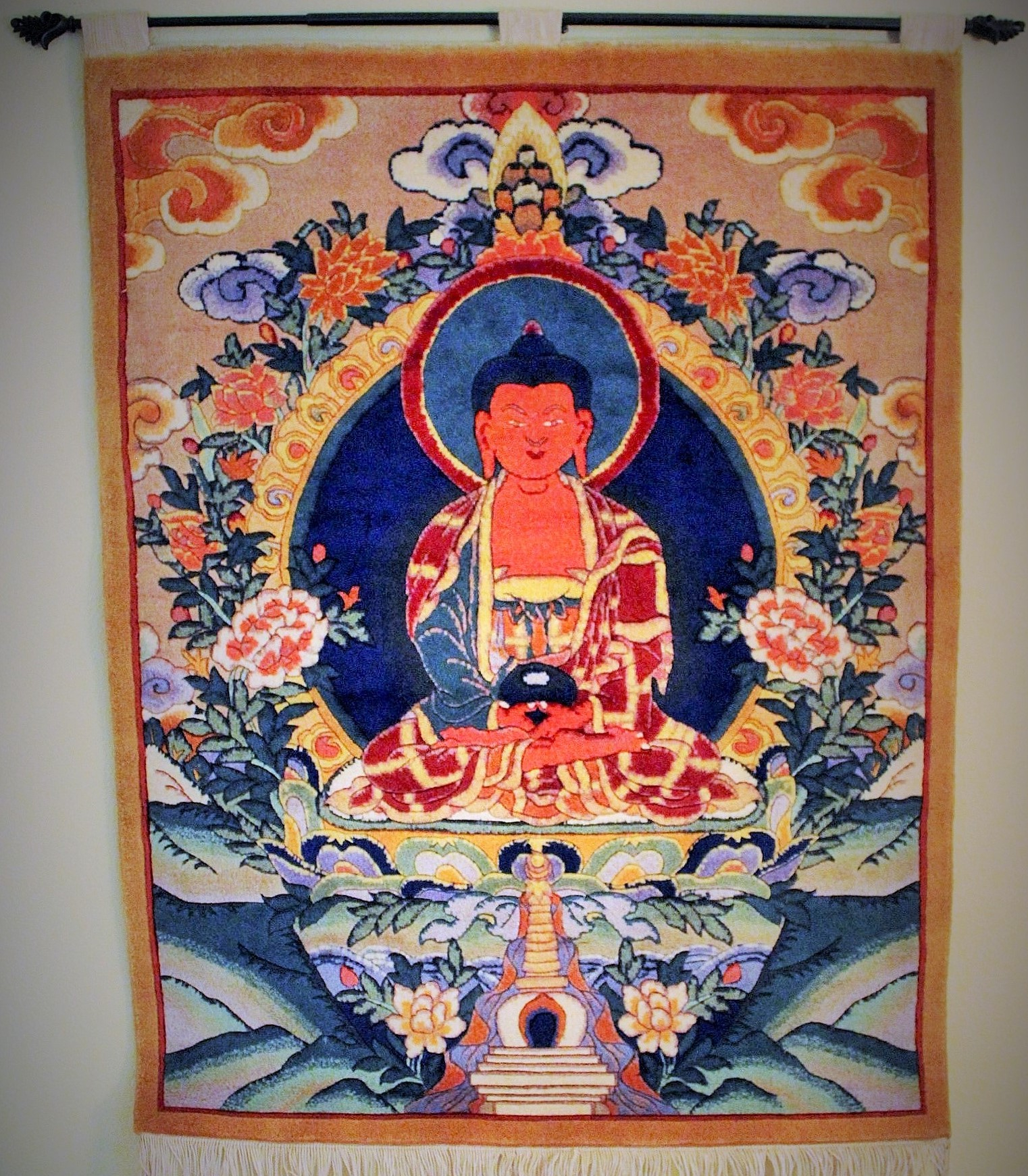 Large Carved Wool Buddha Hand Loomed Wall Hanging with Rod