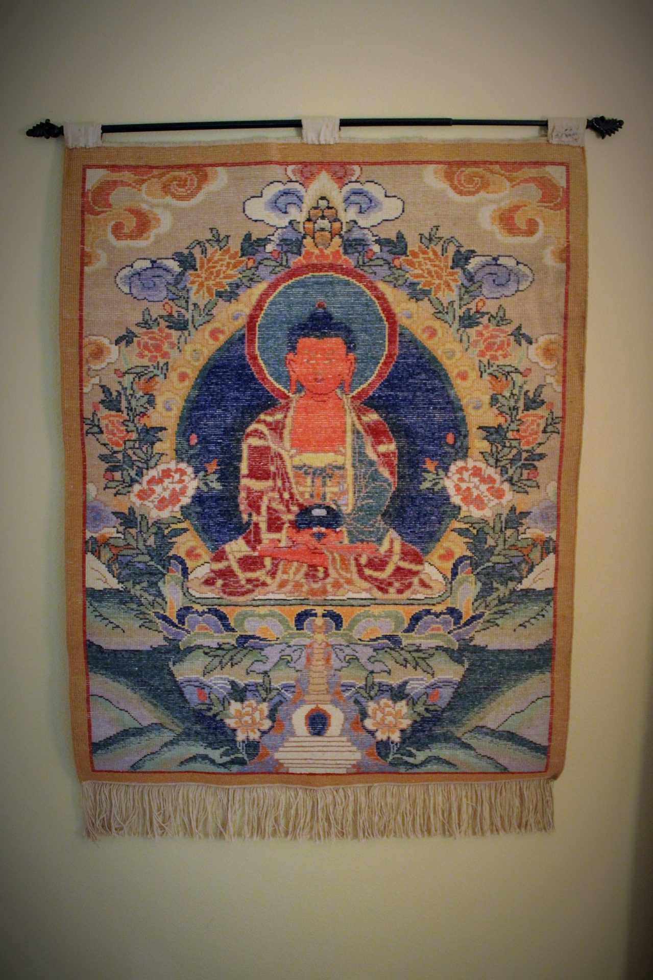 Large Carved Wool Buddha Hand Loomed Wall Hanging with Rod