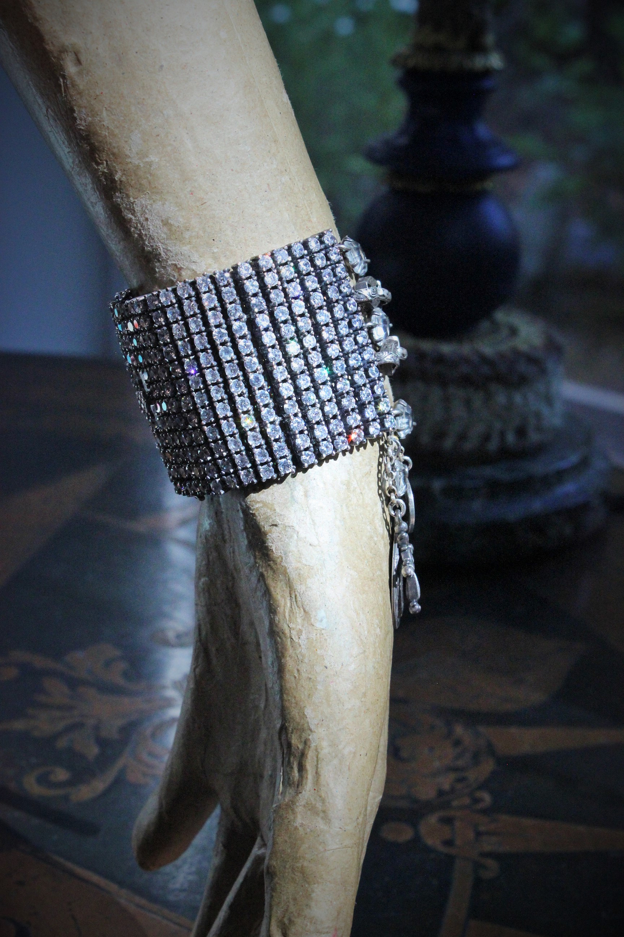 SHINE Bracelet with Prong Set Faceted Zircon and Crystal Stones,Antique Sterling Engraved Links,Antique French 800 Sterling Medal,Antique Sterling Cross,Distressed Sterling Tassel