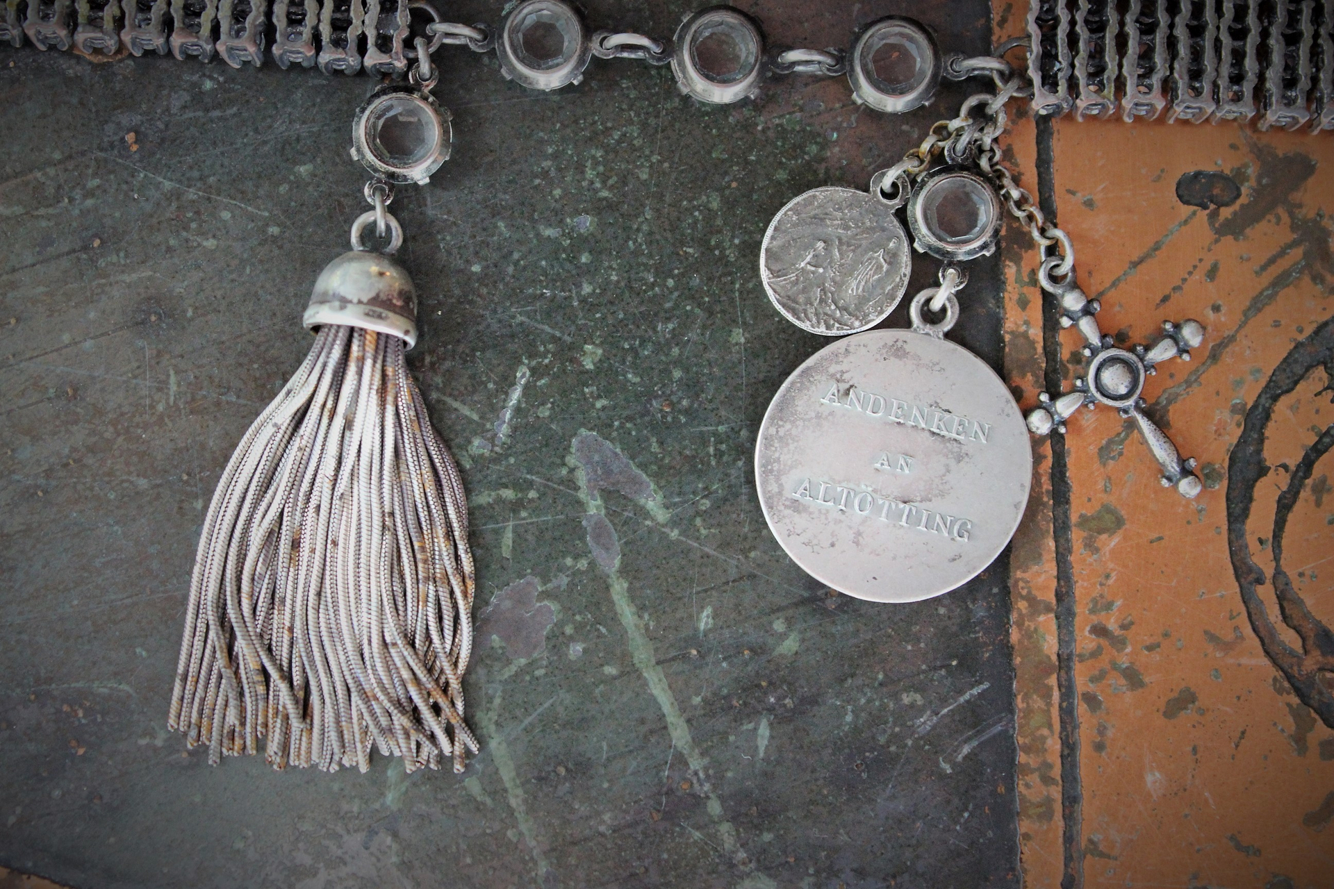 SHINE Bracelet with Prong Set Faceted Zircon and Crystal Stones,Antique Sterling Engraved Links,Antique French 800 Sterling Medal,Antique Sterling Cross,Distressed Sterling Tassel