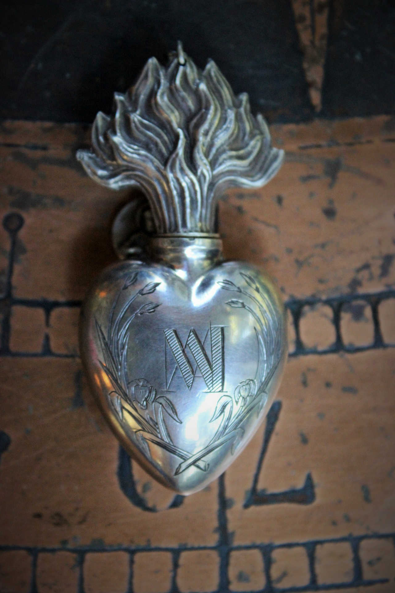 Rare Smaller Size Antique French Sterling Engraved Ex Voto Vessel with Antique French Sacred Heart of Jesus Medal