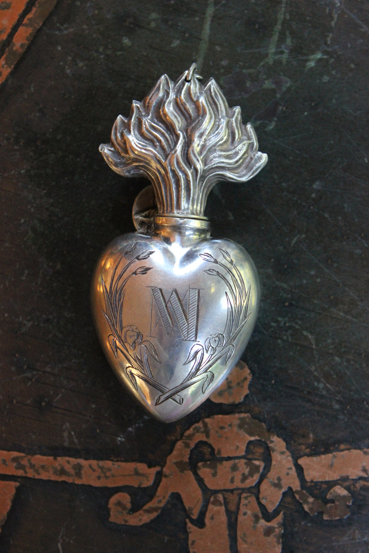 Rare Smaller Size Antique French Sterling Engraved Ex Voto Vessel with Antique French Sacred Heart of Jesus Medal