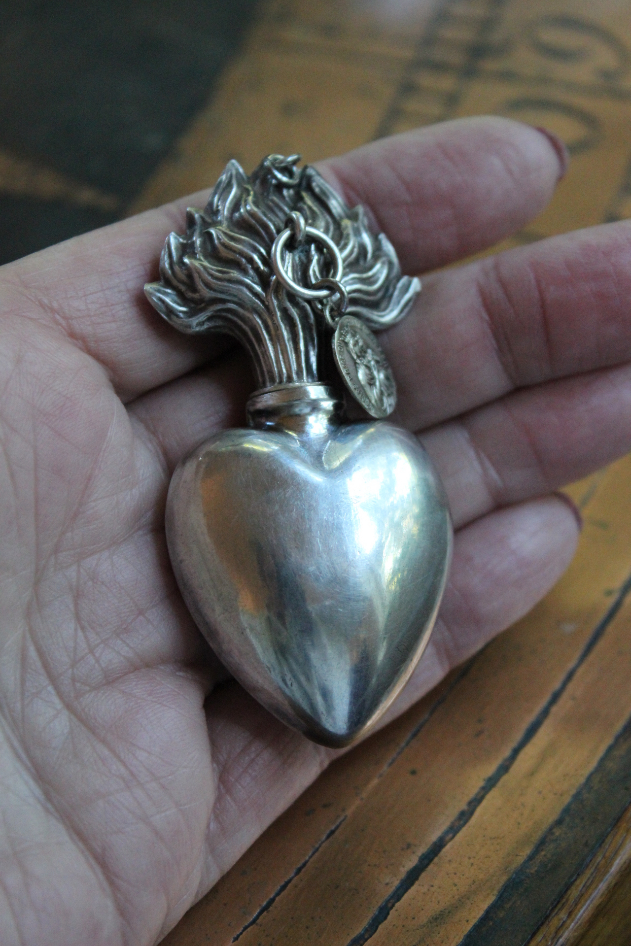 Rare Smaller Size Antique French Sterling Engraved Ex Voto Vessel with Antique French Sacred Heart of Jesus Medal