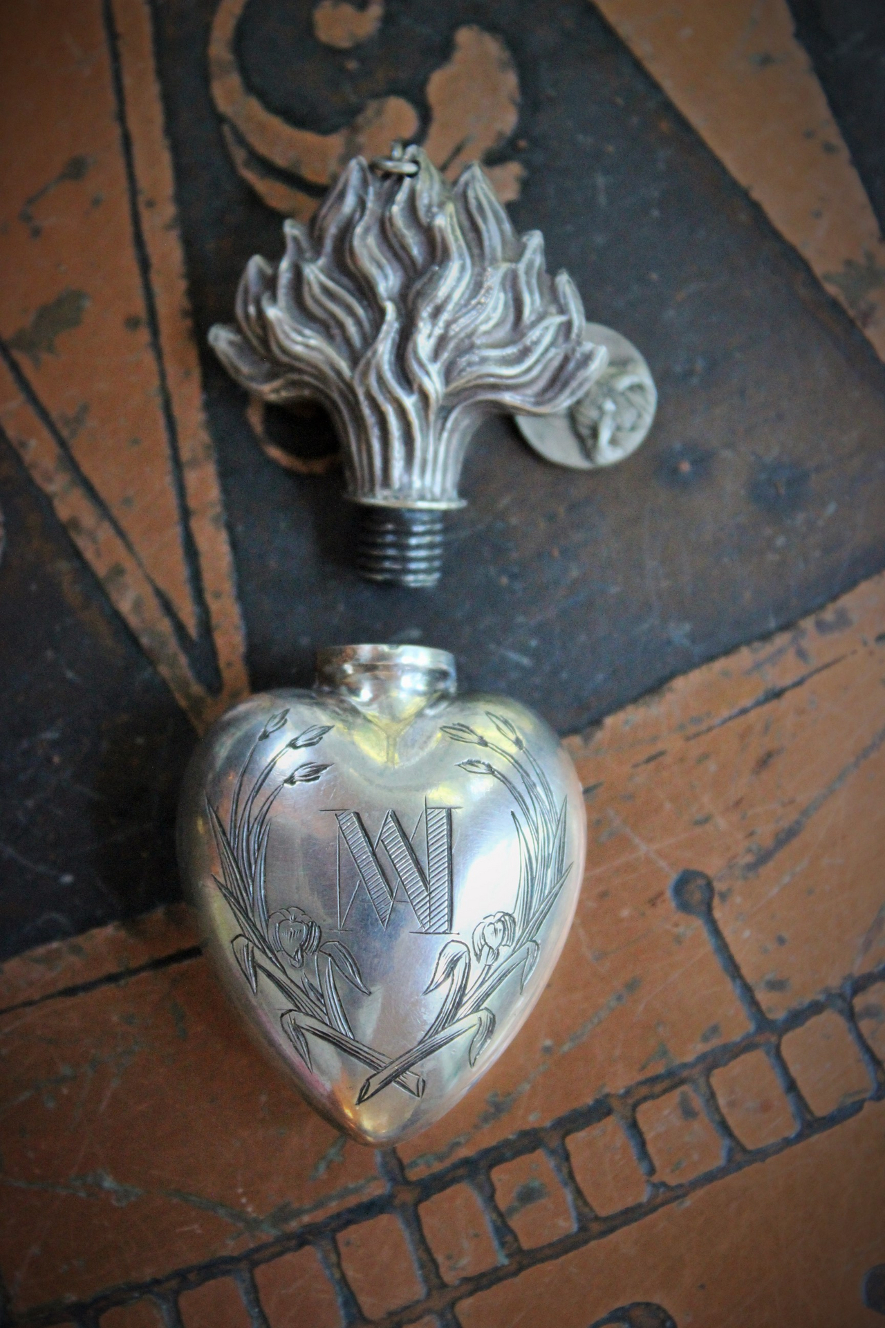 Rare Smaller Size Antique French Sterling Engraved Ex Voto Vessel with Antique French Sacred Heart of Jesus Medal