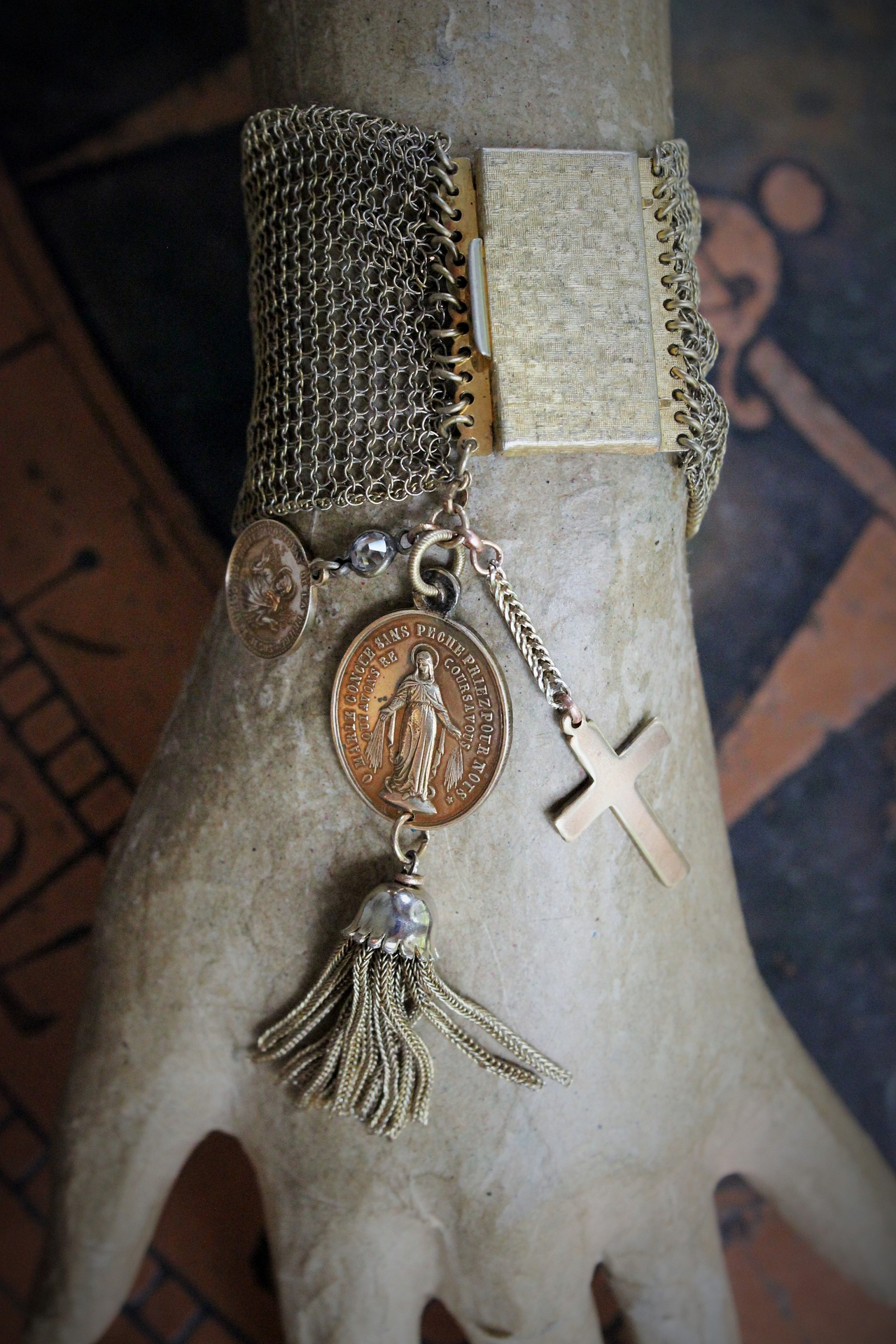1930's Fine Wide Mesh Sandor Bracelet with Rare Antique French Gilt Marian Medal,Antique French Sacred Heart of Jesus Medal, Antique Foxtail Chain Tassel 