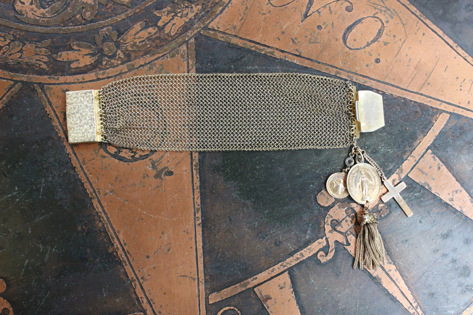 1930's Fine Wide Mesh Sandor Bracelet with Rare Antique French Gilt Marian Medal,Antique French Sacred Heart of Jesus Medal, Antique Foxtail Chain Tassel 