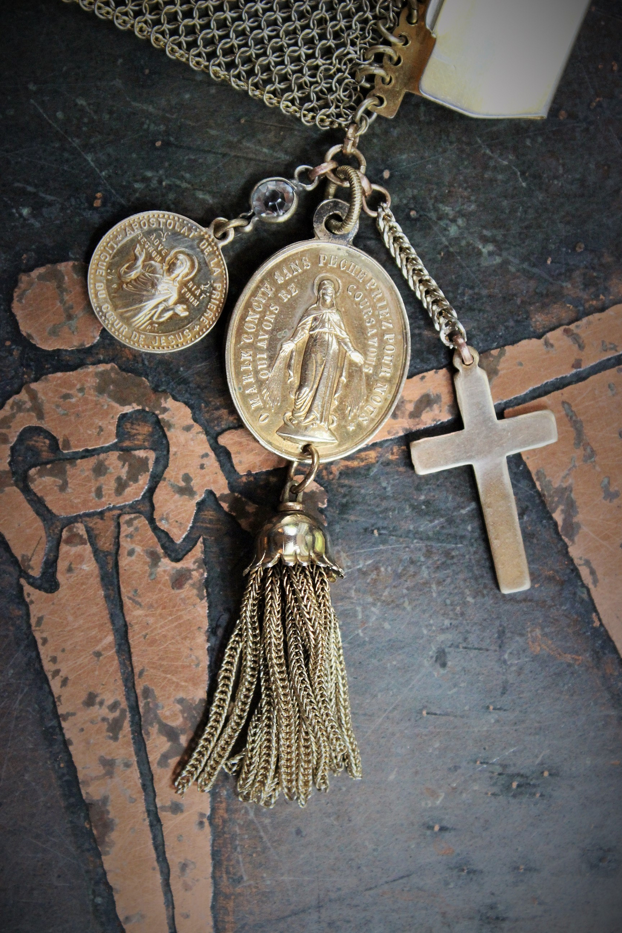 1930's Fine Wide Mesh Sandor Bracelet with Rare Antique French Gilt Marian Medal,Antique French Sacred Heart of Jesus Medal, Antique Foxtail Chain Tassel 