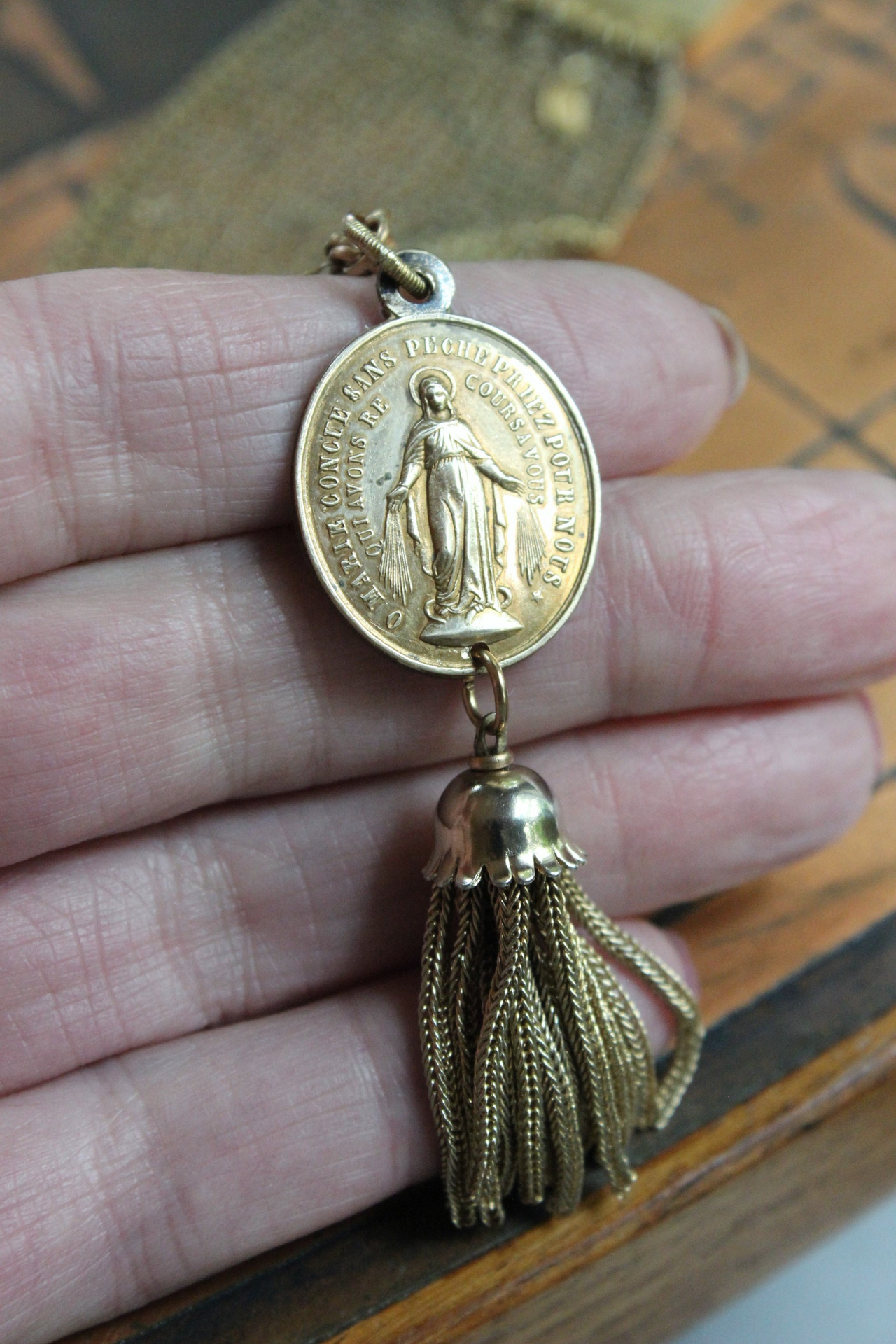 1930's Fine Wide Mesh Sandor Bracelet with Rare Antique French Gilt Marian Medal,Antique French Sacred Heart of Jesus Medal, Antique Foxtail Chain Tassel 