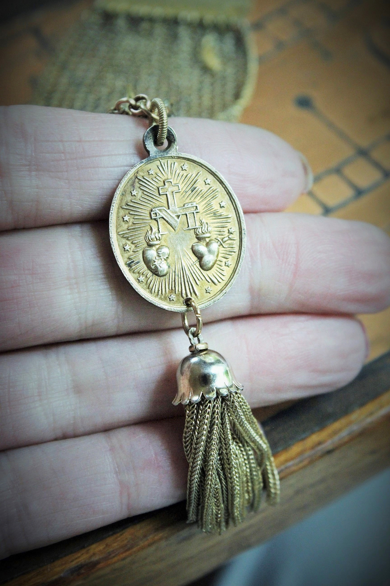 1930's Fine Wide Mesh Sandor Bracelet with Rare Antique French Gilt Marian Medal,Antique French Sacred Heart of Jesus Medal, Antique Foxtail Chain Tassel 