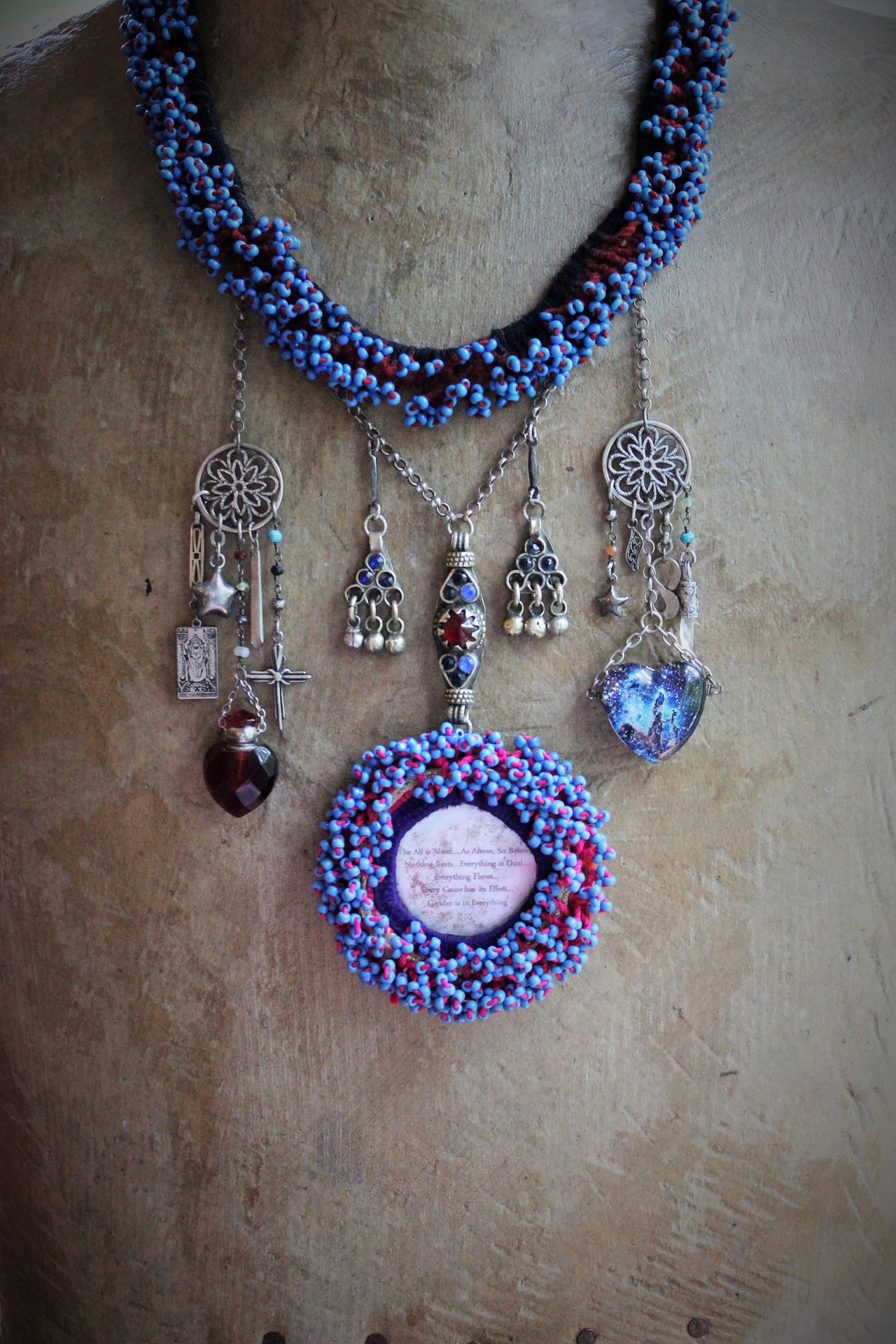 The 3 Initiates Necklace with Antique Beaded Kuchi Gypsy Trim and Medallion,Pillars of Creation Glass Heart,Sterling The Hierophant Tarot Medal & Much More!