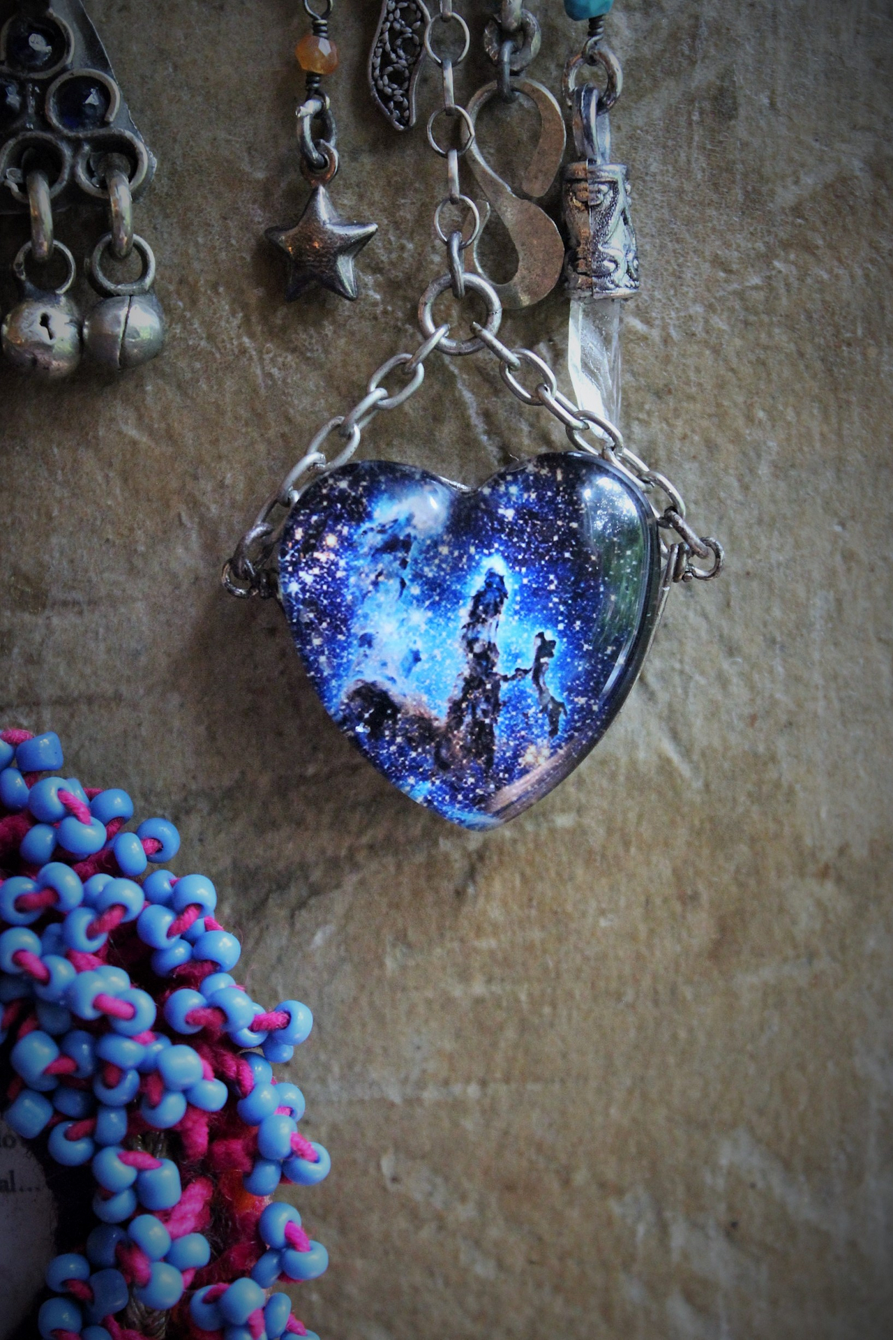 The 3 Initiates Necklace with Antique Beaded Kuchi Gypsy Trim and Medallion,Pillars of Creation Glass Heart,Sterling The Hierophant Tarot Medal & Much More!